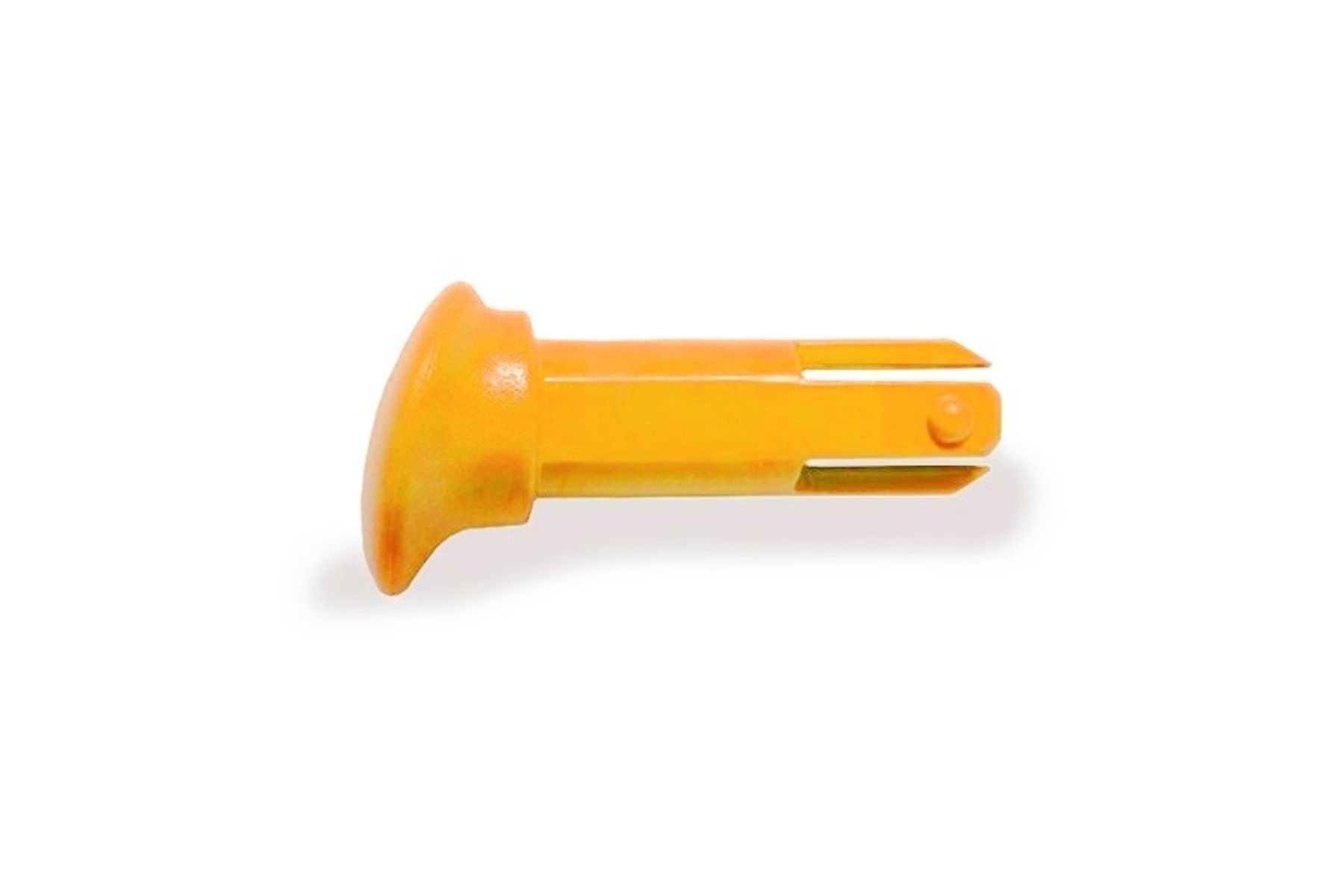 Orange plastic snap-fit pin with flanged head and slotted tip