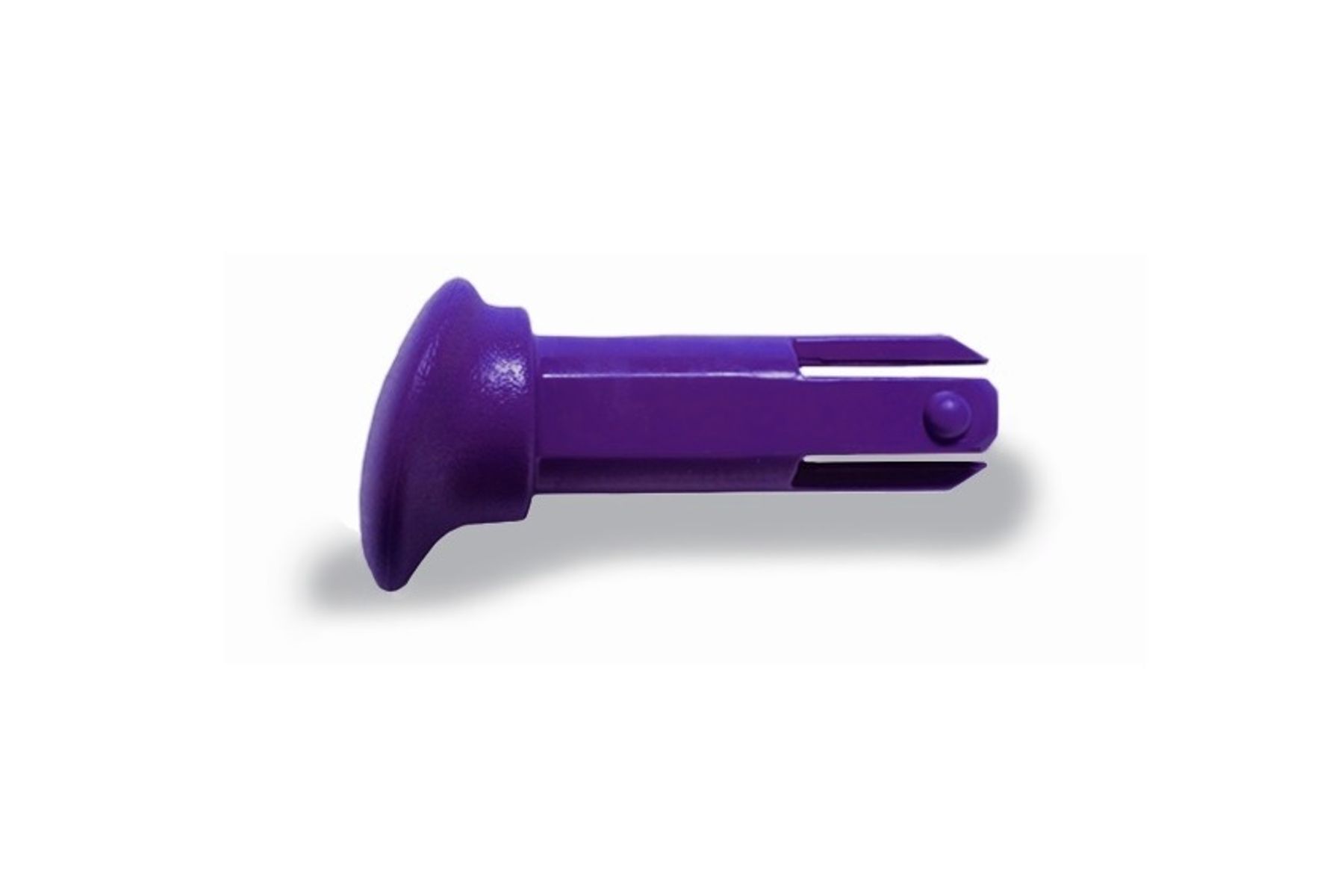 Purple plastic split-tip plug with flanged head and locking ball detent