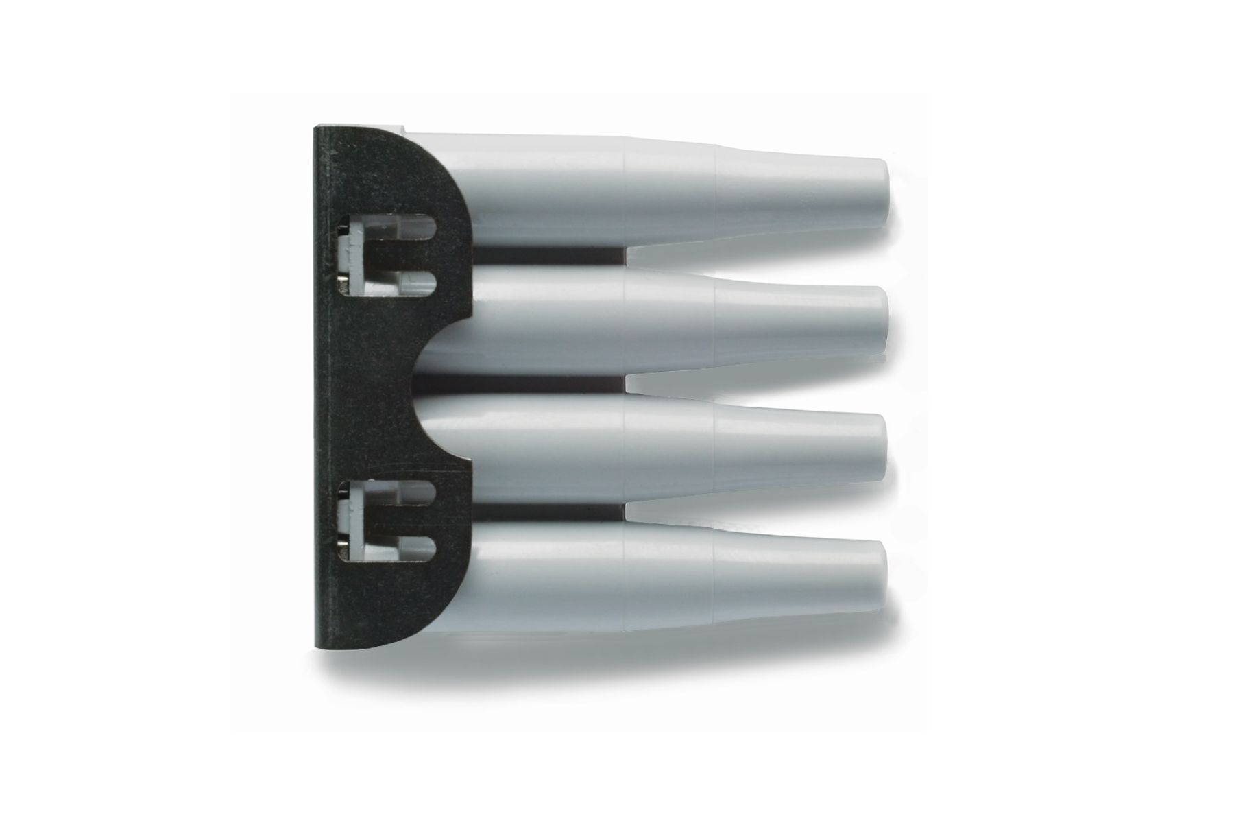 Four silver cylindrical pipette tips held in a black mounting bracket with two locking clips