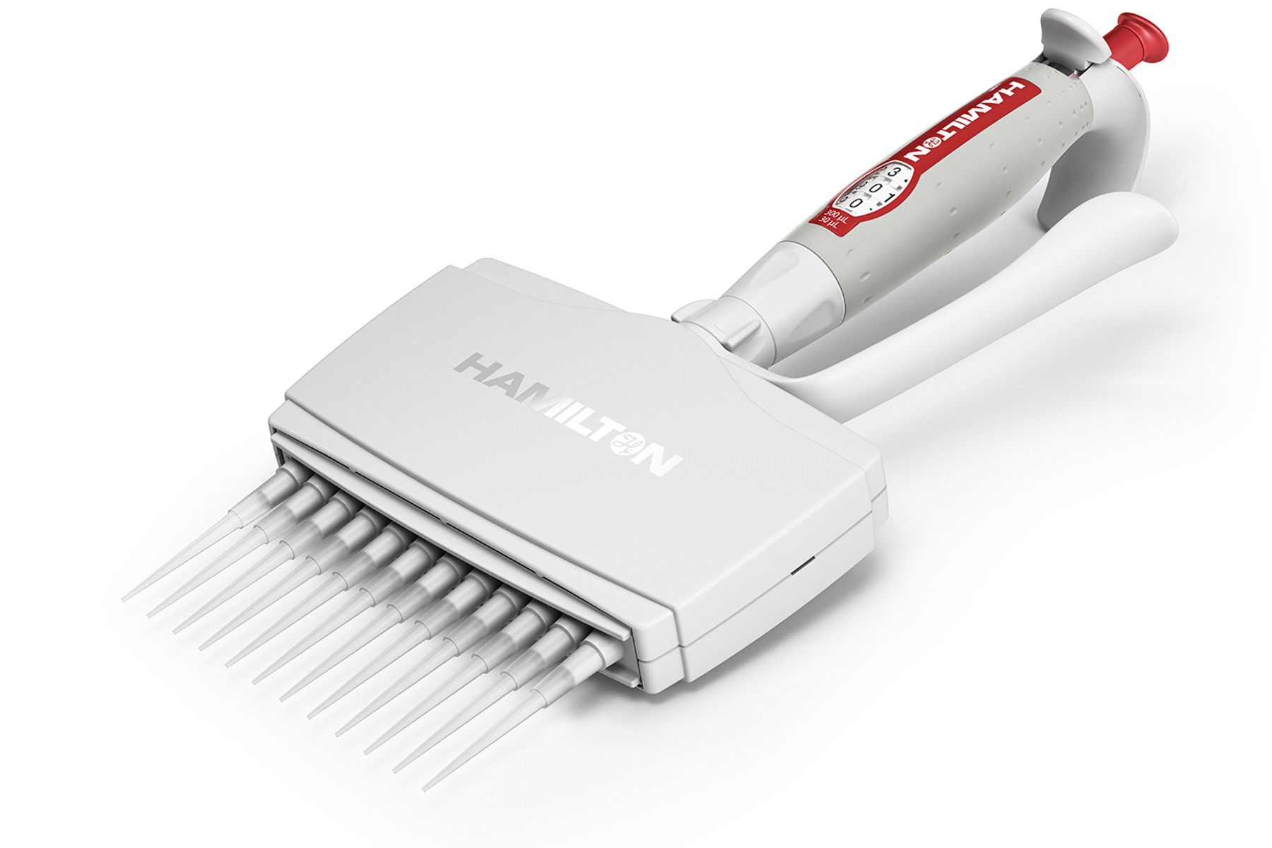 Hamilton's Multi Channel, Pipette, Hamilton, 12 Channel, Autoclave, 30-300 µL Side View