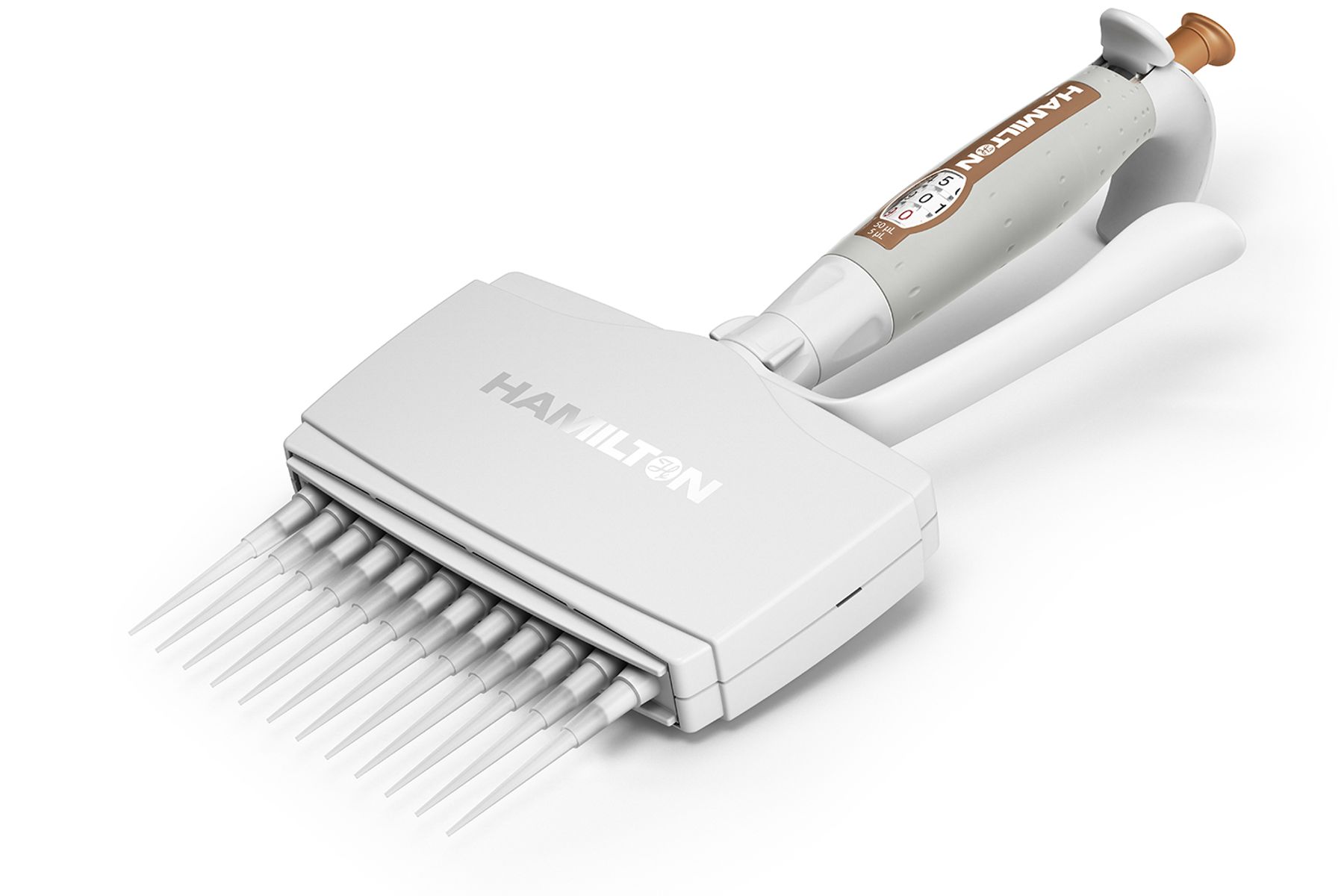 Hamilton's 12-Channel Adjustable Volume SoftGrip Pipette 5-50 µL Side View