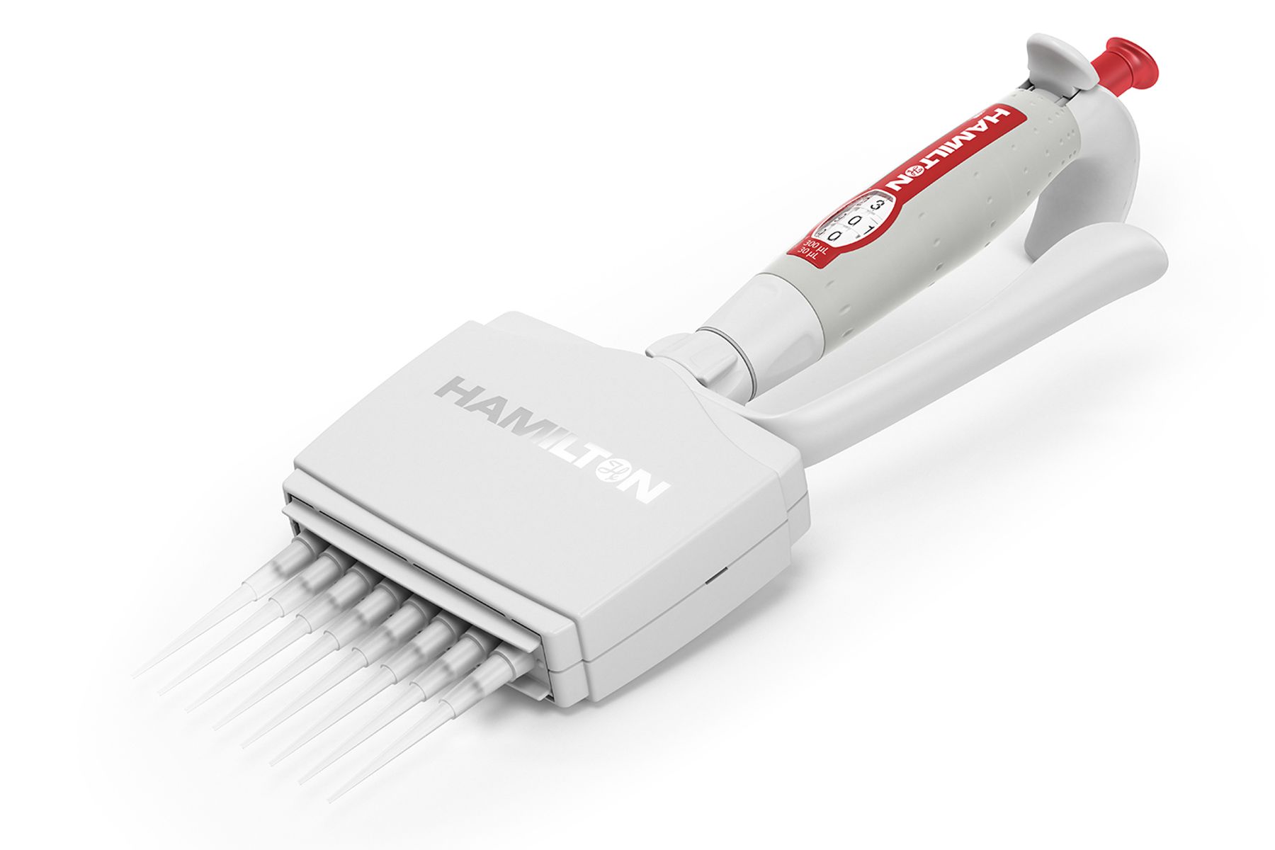 Hamilton's 8-Channel Adjustable Volume SoftGrip Pipette 30-300 µL Side View