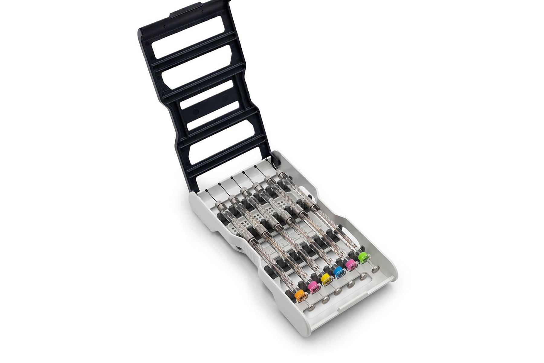 Open syringe storage case holding multiple Hamilton Neuros syringes with color-coded plunger tips