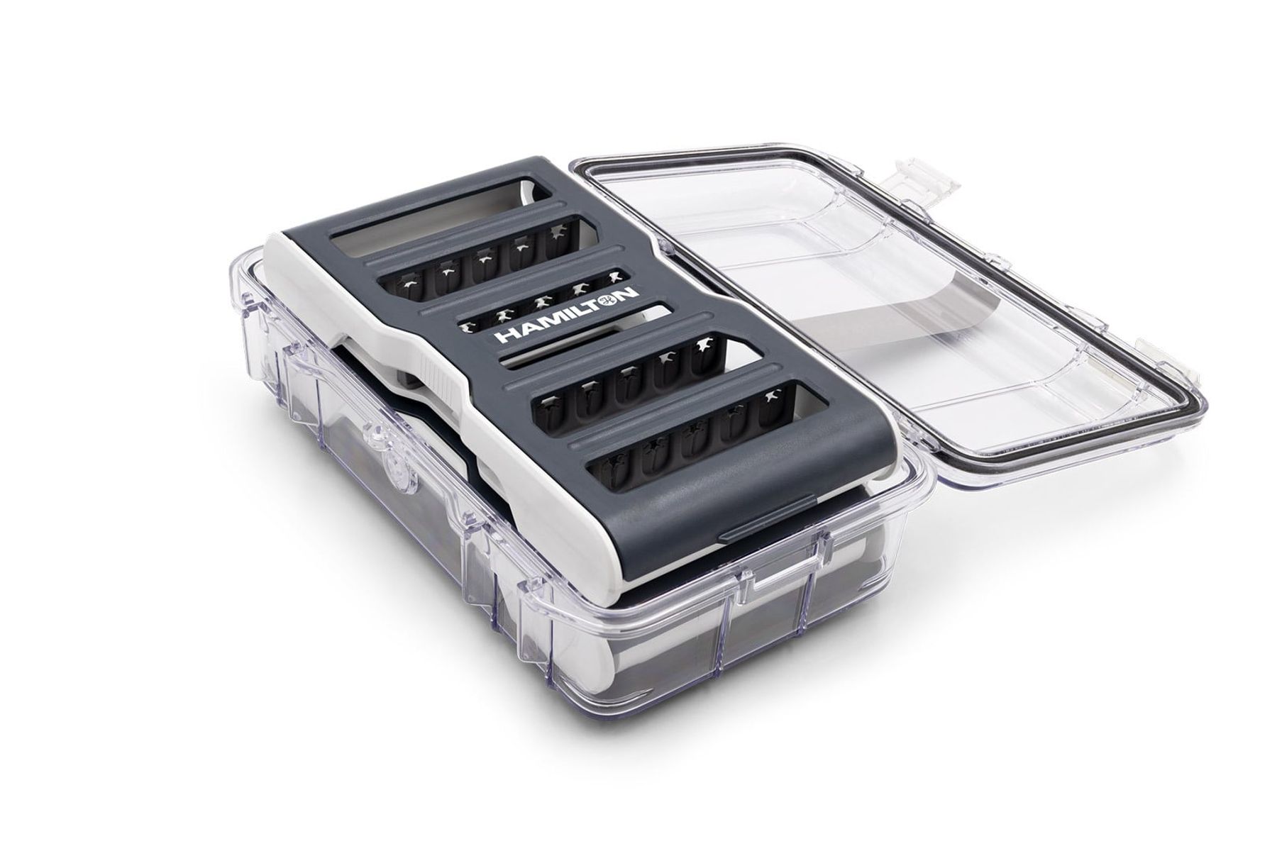 Hamilton Syringe Guard Kit in an open clear protective case with dark gray and white body, multiple slots visible