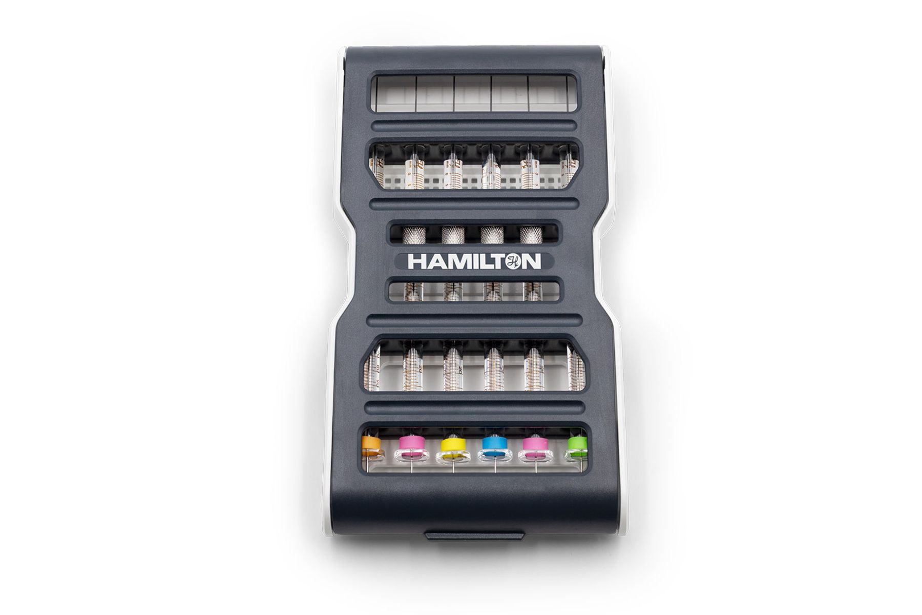 Hamilton syringe guard case holding multiple syringes and color-coded bands in yellow, pink, blue, and green