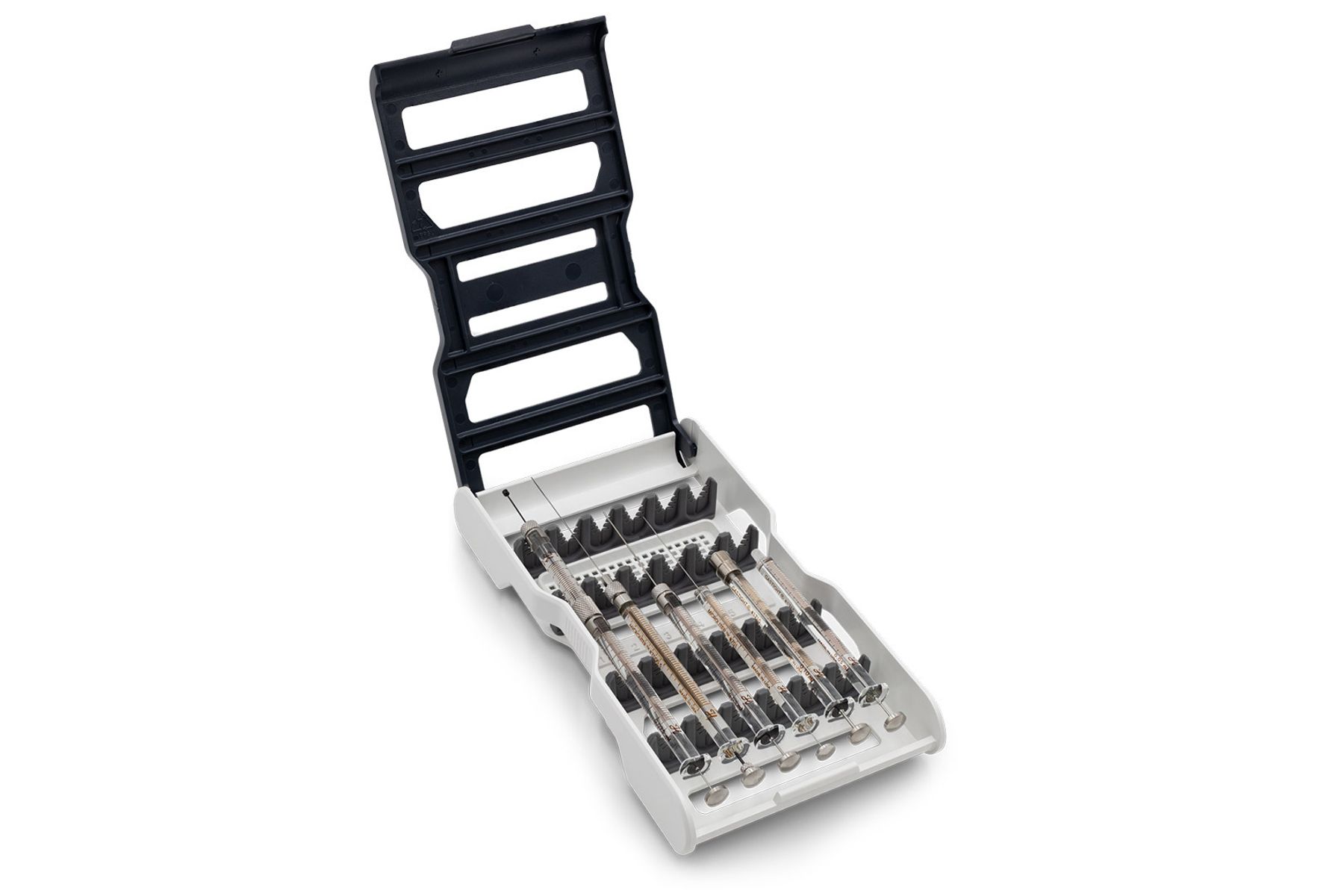 Open syringe storage case with black lid holding multiple metal-barrel syringes in foam holders