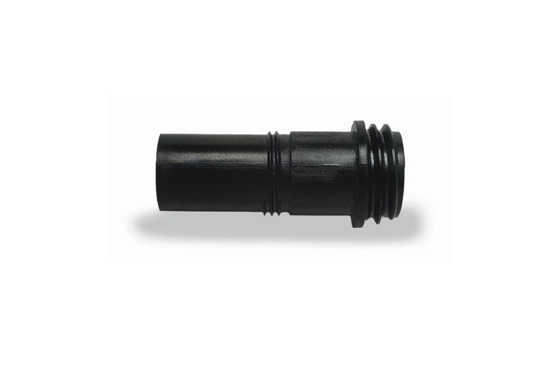 Black cylindrical threaded adapter with grooved body and external threads on one end