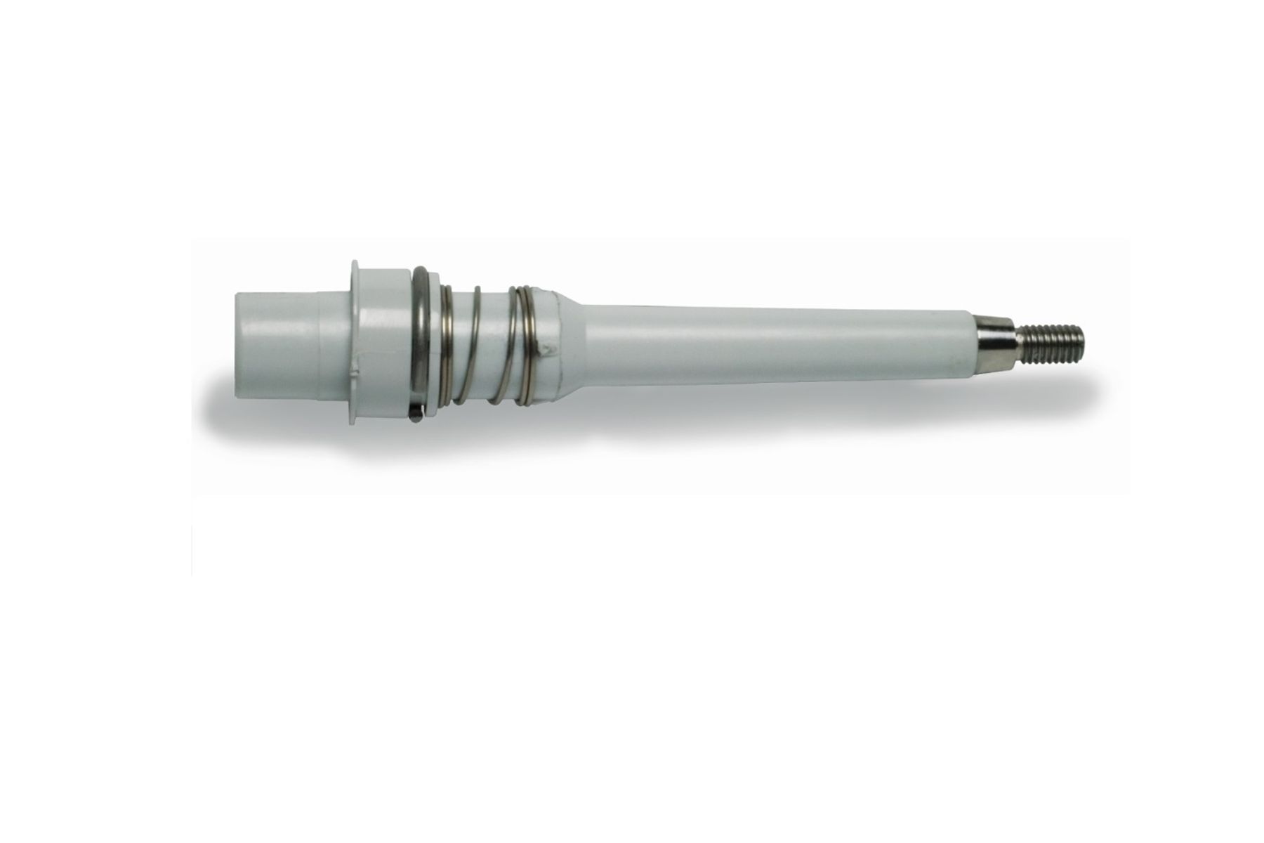 White ceramic and stainless steel lower body assembly with metal retaining rings and threaded tip