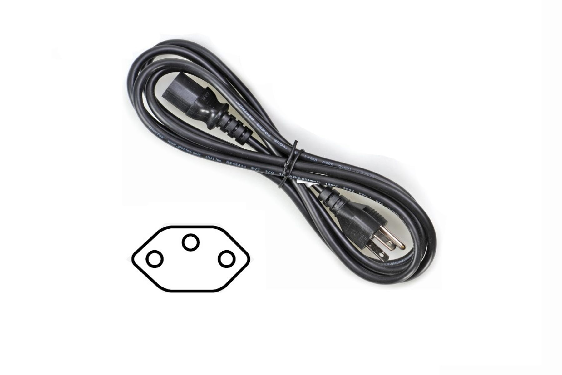 Black 3-prong power cord with IEC C13 connector, coiled, with IEC C14 inlet diagram below