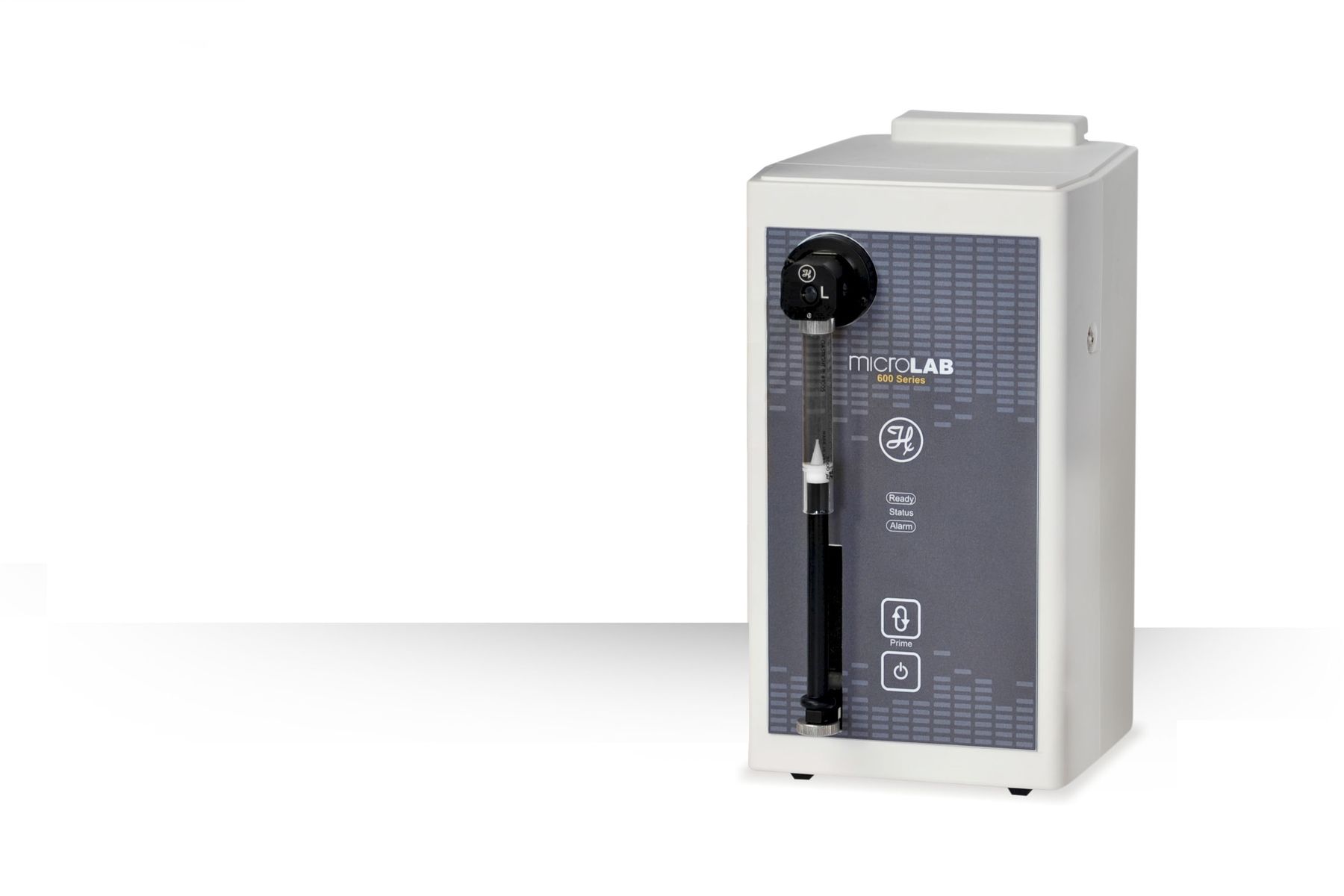 MicroLAB 600 Series syringe pump with single syringe module, white enclosure, gray front panel