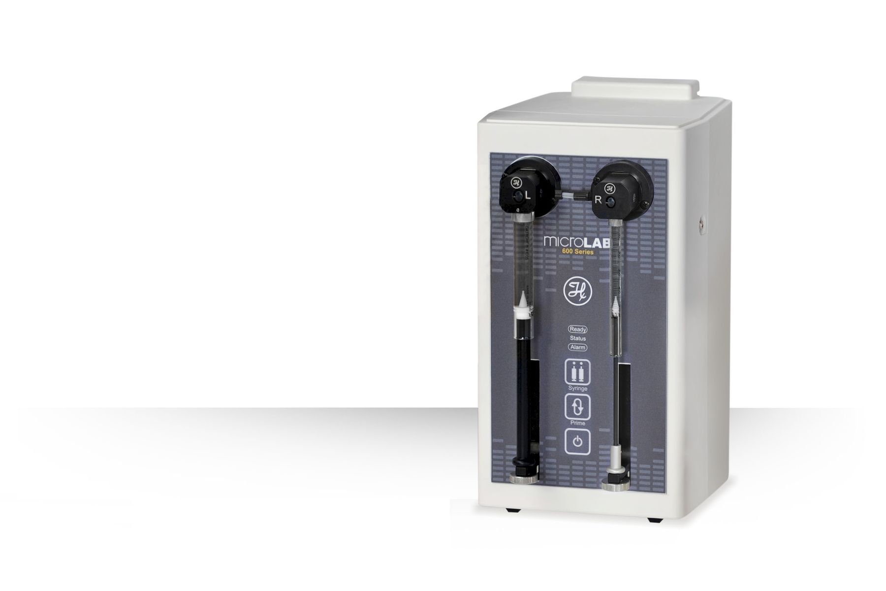 MicroLAB 600 Series dual-syringe dispenser with L and R valve heads, status indicators, Syringe and Prime buttons