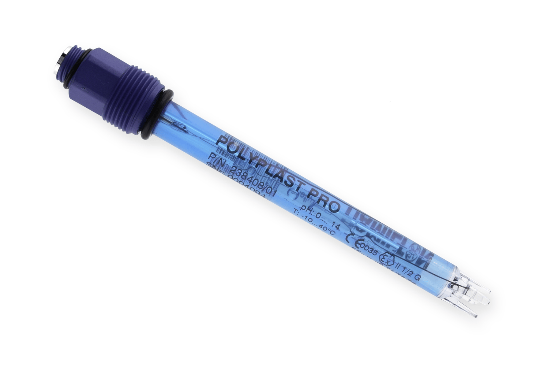 Polyplast Pro pH electrode with blue plastic body, threaded head, and glass sensor tip