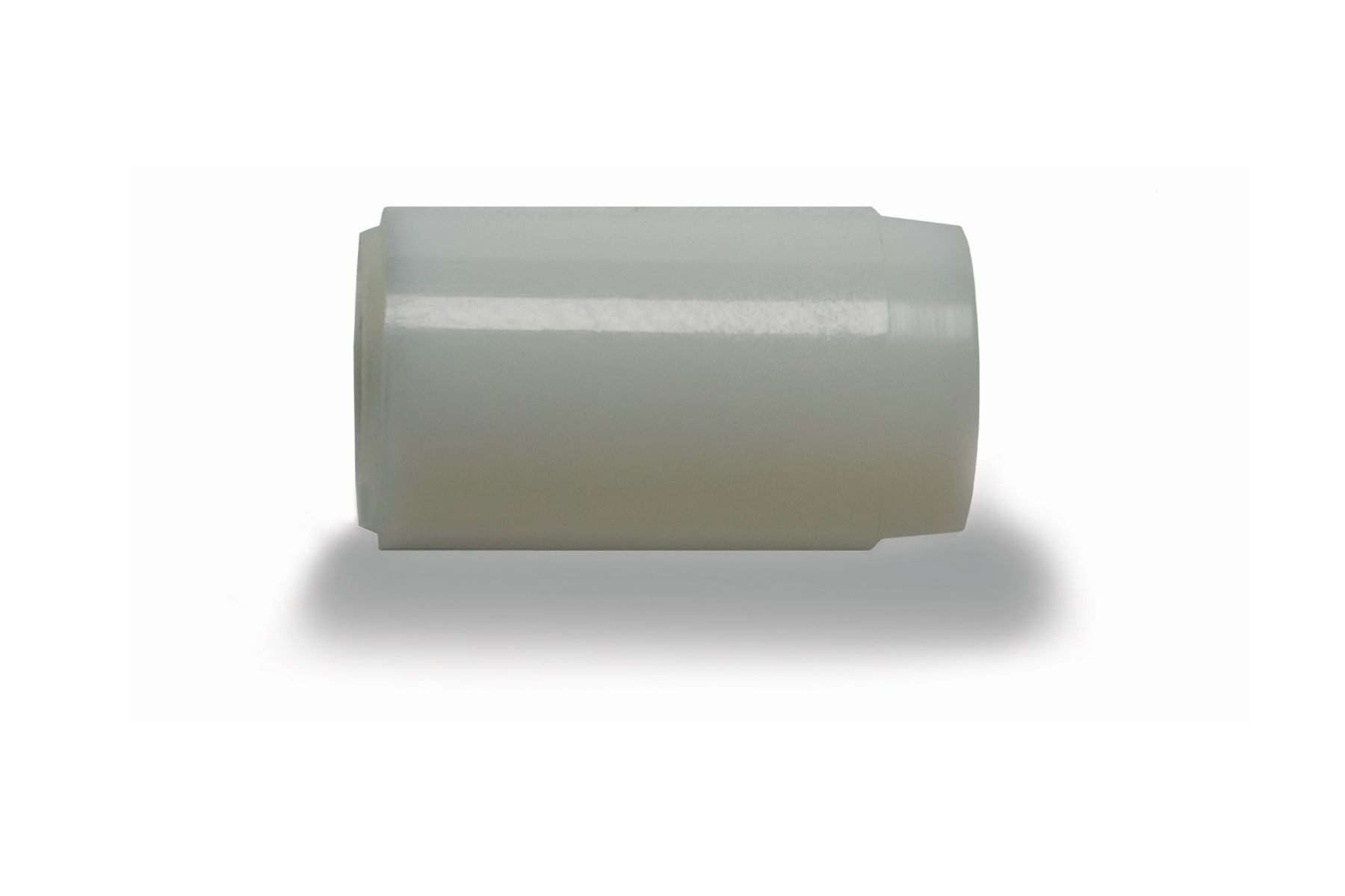 White cylindrical plastic seal spacer with slightly recessed ends, shown on white background