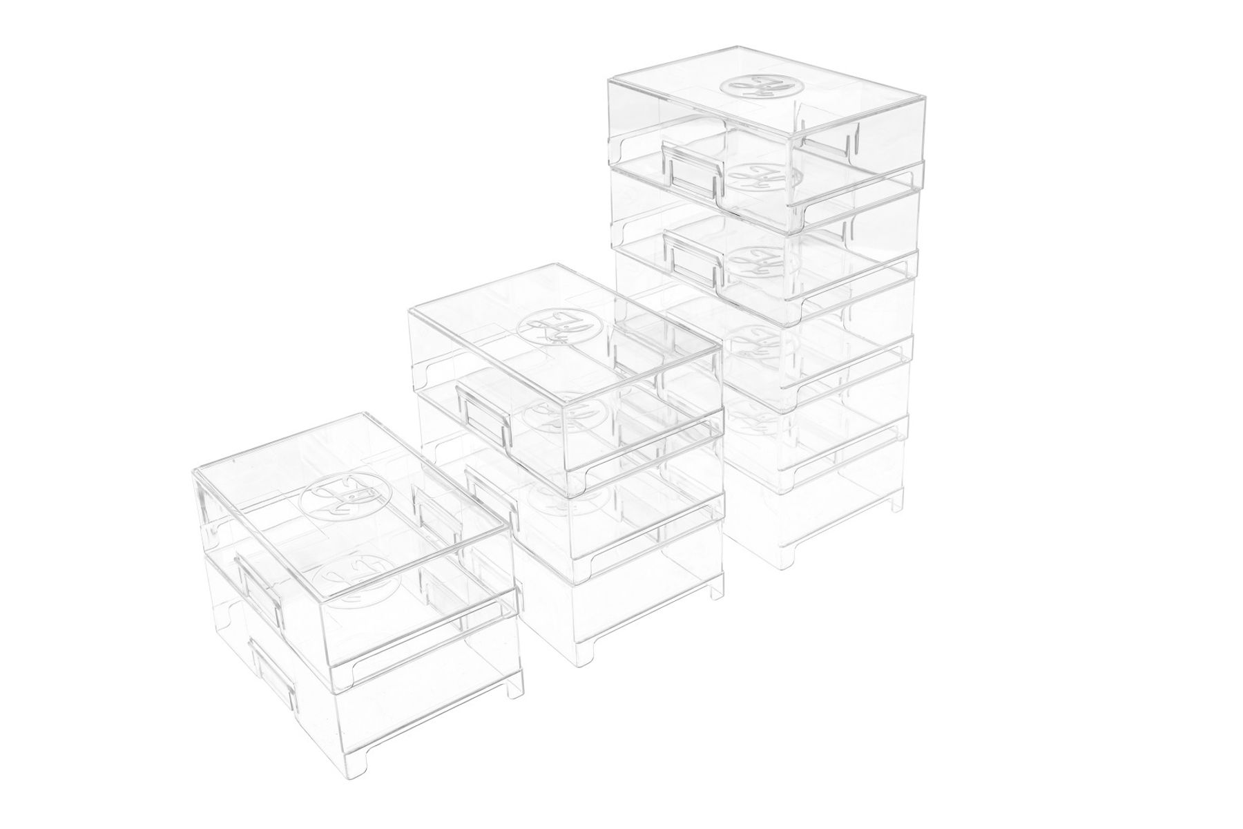 Stacked clear plastic storage boxes arranged in ascending tiers of 2, 4, and 6 units