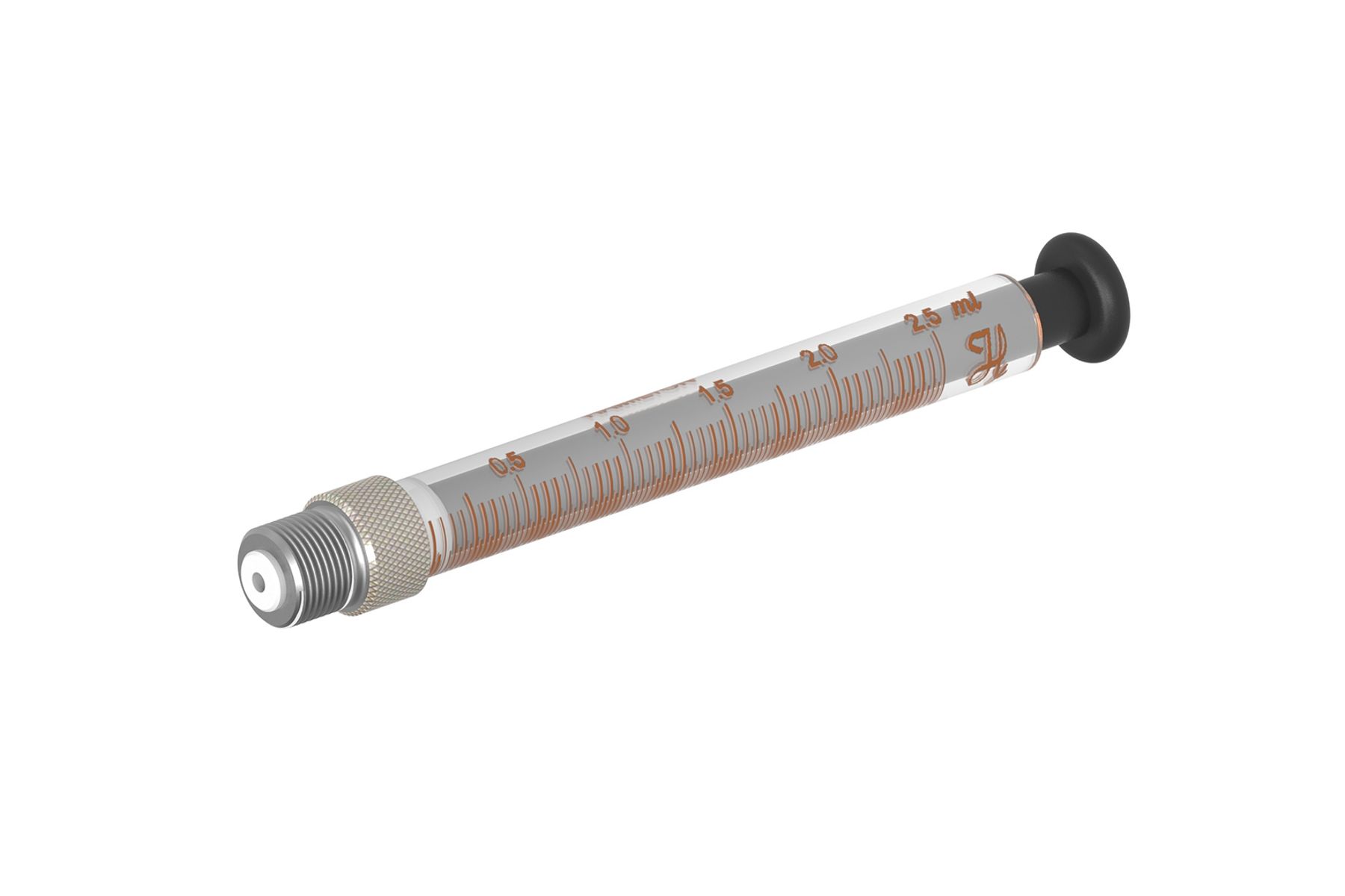 Hamilton glass syringe with metal Luer-lock tip, graduated scale to 2.5 mL, and black plunger head