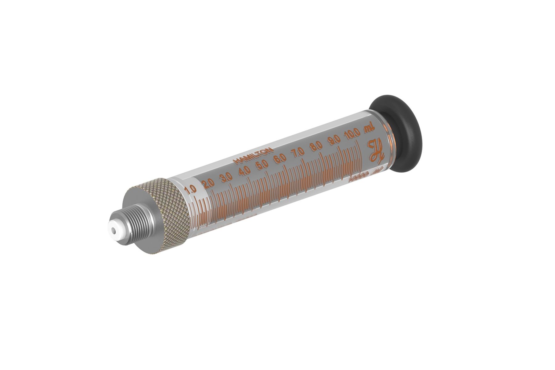 Hamilton 10 mL glass syringe with metal luer tip, graduated scale, and black plunger tip
