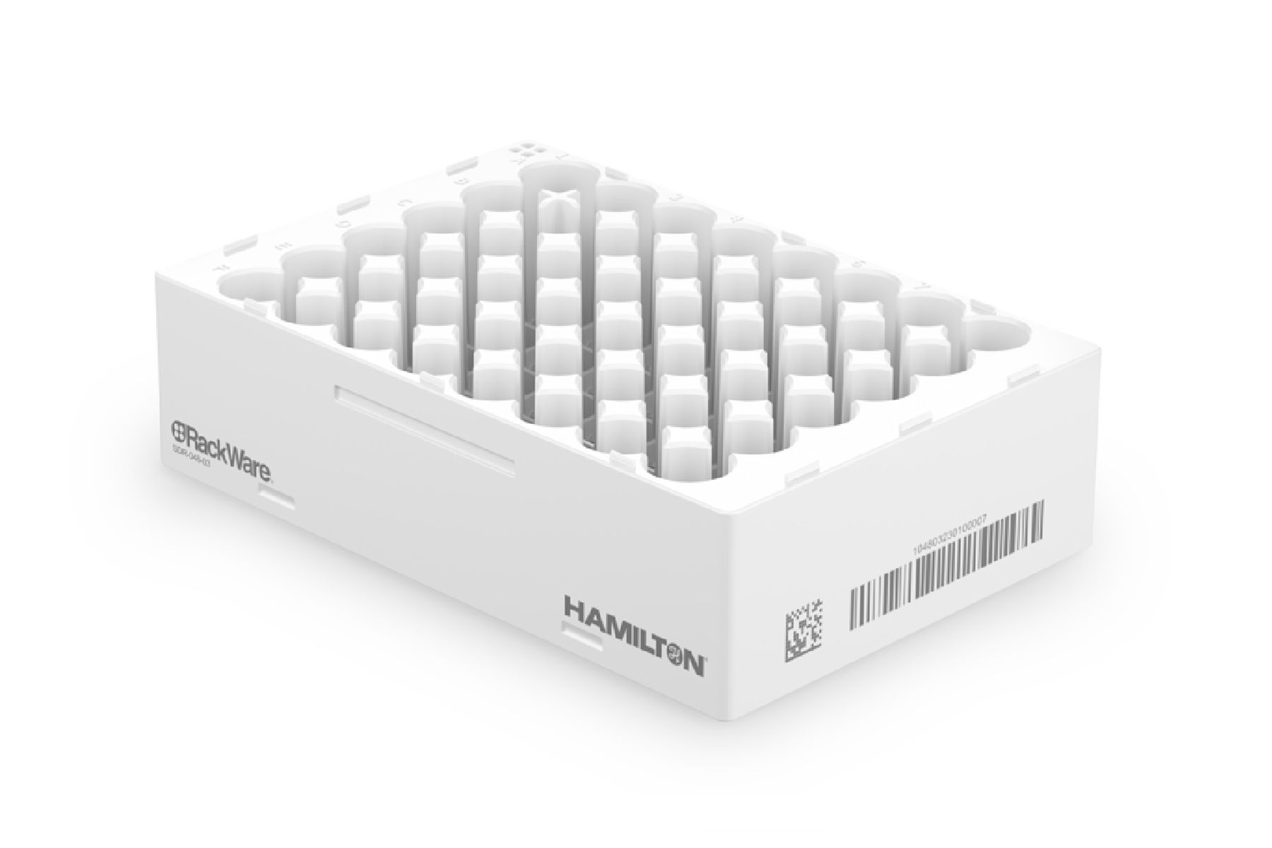 Hamilton RackWare sample tube rack with grid of positions, barcode and QR code on white exterior