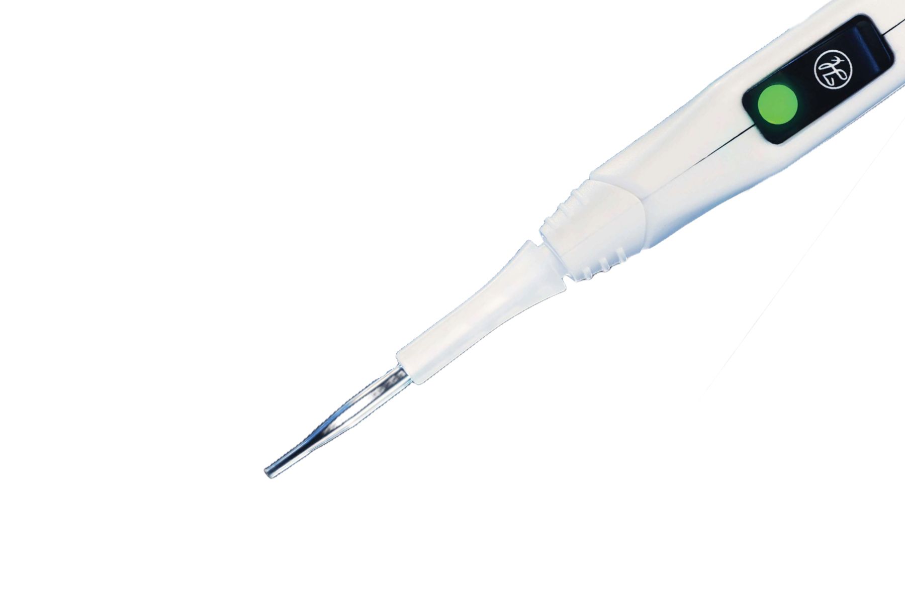 Hamilton electronic pipette with through-tube adapter and metal tip, green status button visible