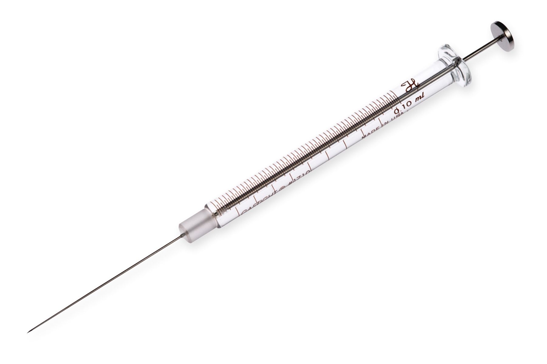 Hamilton glass microsyringe with metal plunger and fine needle, graduated to 0.10 mL, Made in USA