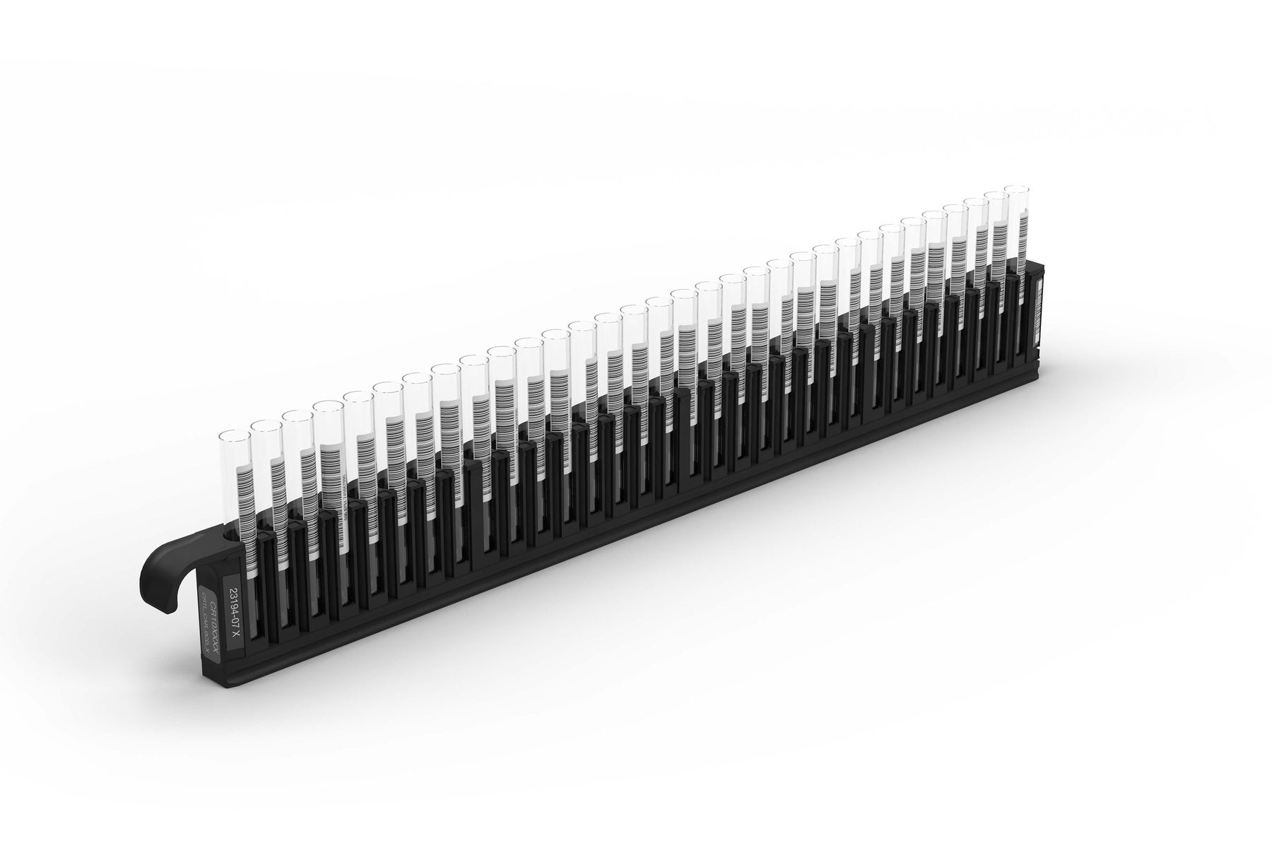Black sample carrier rack holding approximately 32 barcoded sample tubes in upright positions.