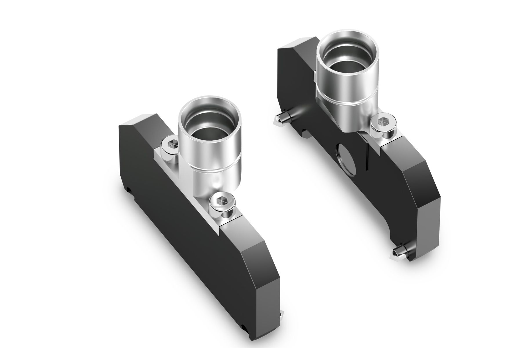 Two machined metal CO-RE II paddle components with cylindrical aluminum inserts and hex fasteners, shown on white background.