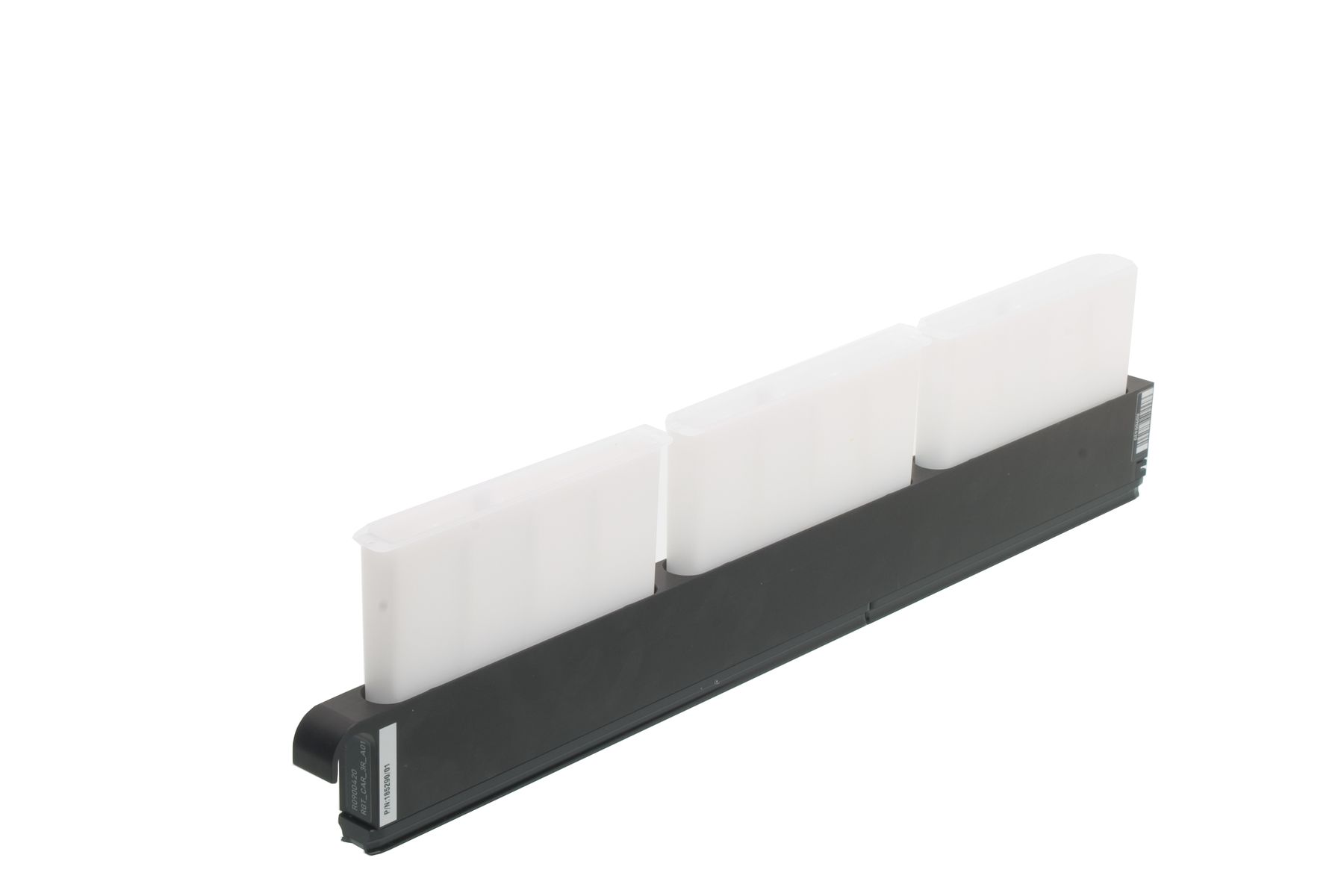Three white reagent troughs seated in a black elongated carrier rail, isolated on white background.
