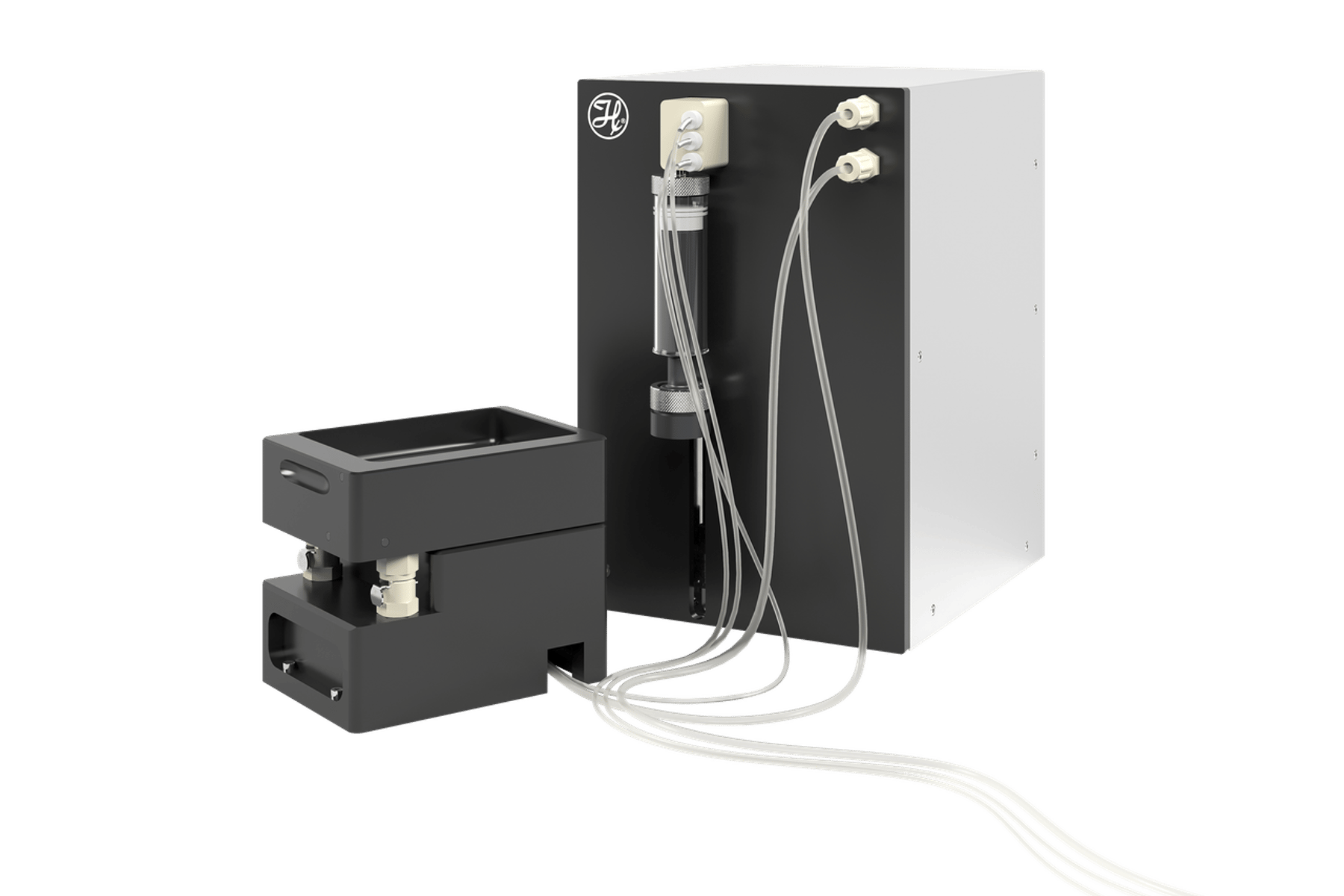 Modular liquid dispensing system with black syringe pump module, tubing, and fittings on white enclosure panel