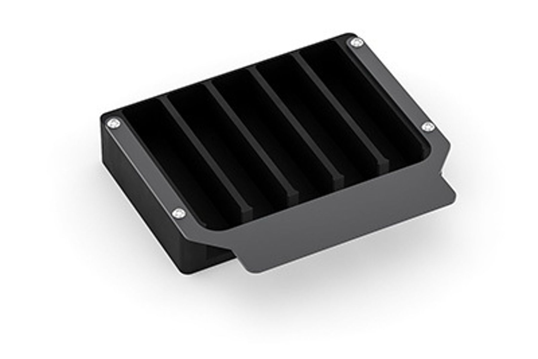 Black angled reagent reservoir pedestal with parallel divider slots and four corner screws