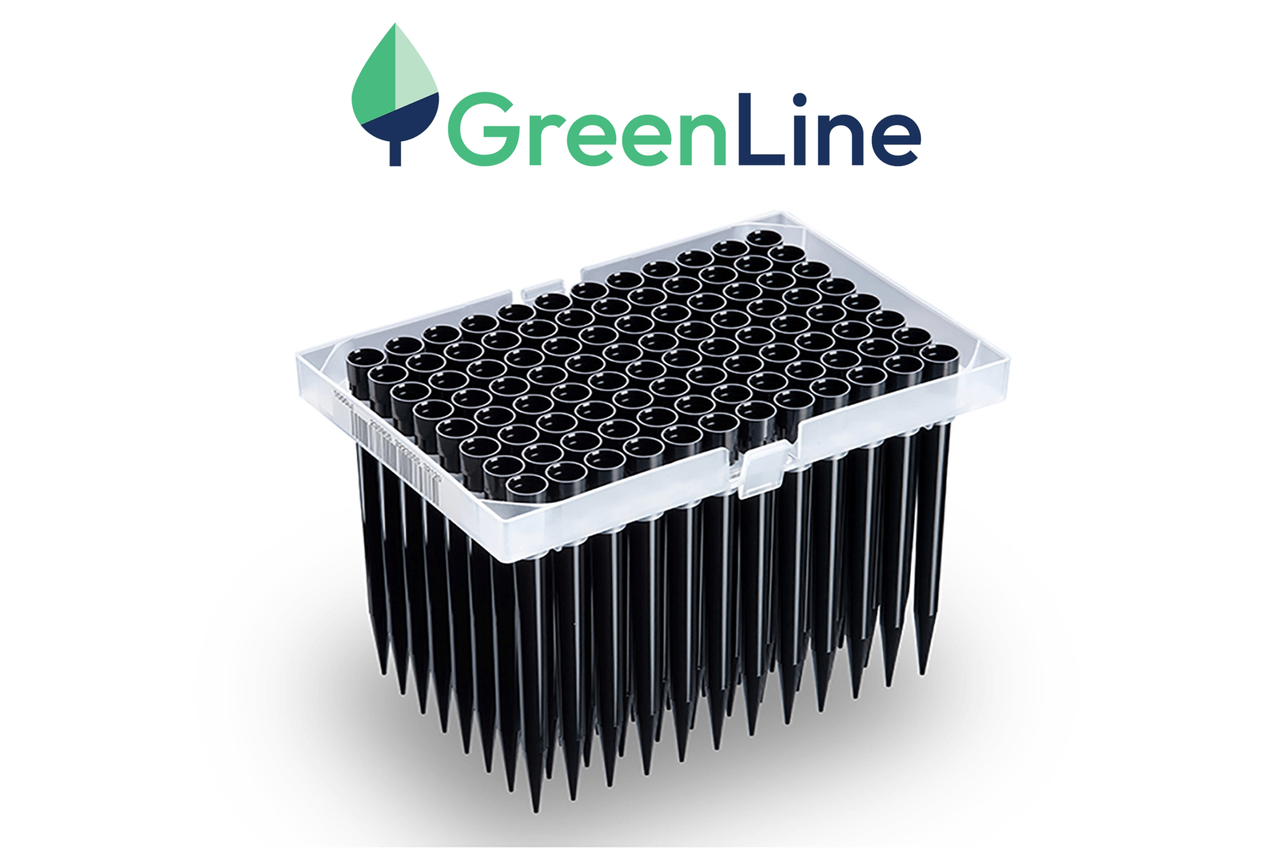 GreenLine logo above a rack of black conductive pipette tips in a clear tip box