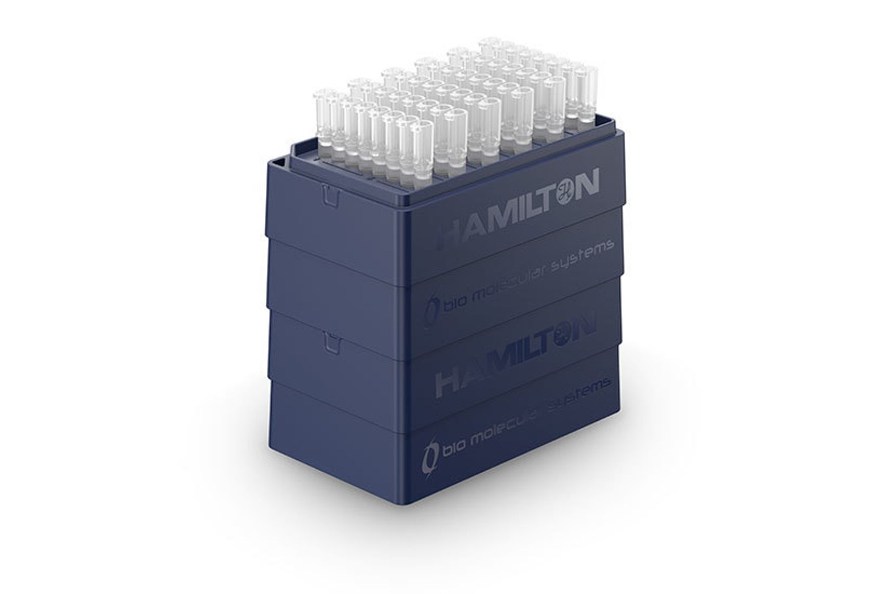 Stacked navy blue tip racks labeled Hamilton and bio molecular systems, loaded with clear pipette tips