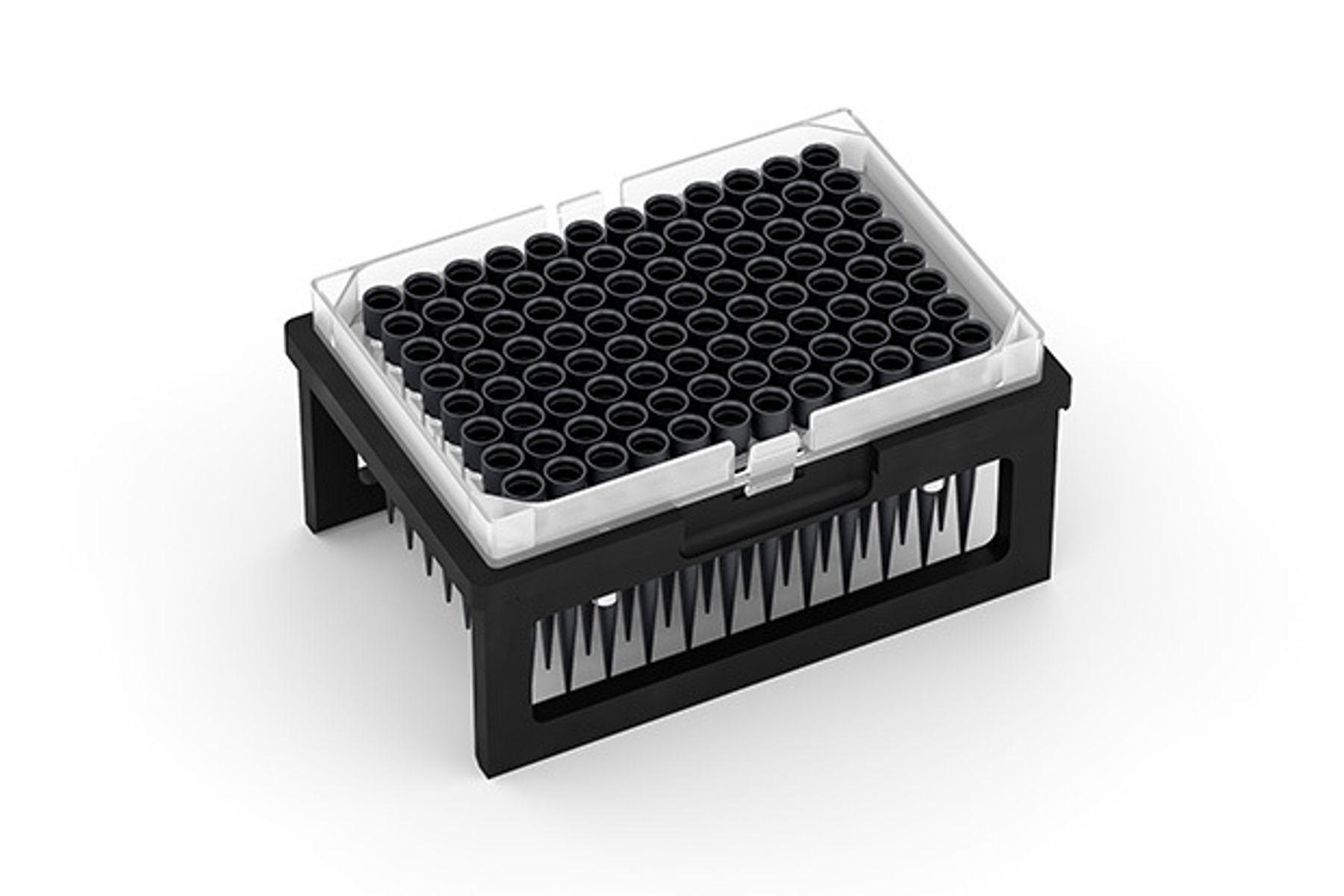 Black framed tip rack holding a white tray of black pipette tips arranged in a grid