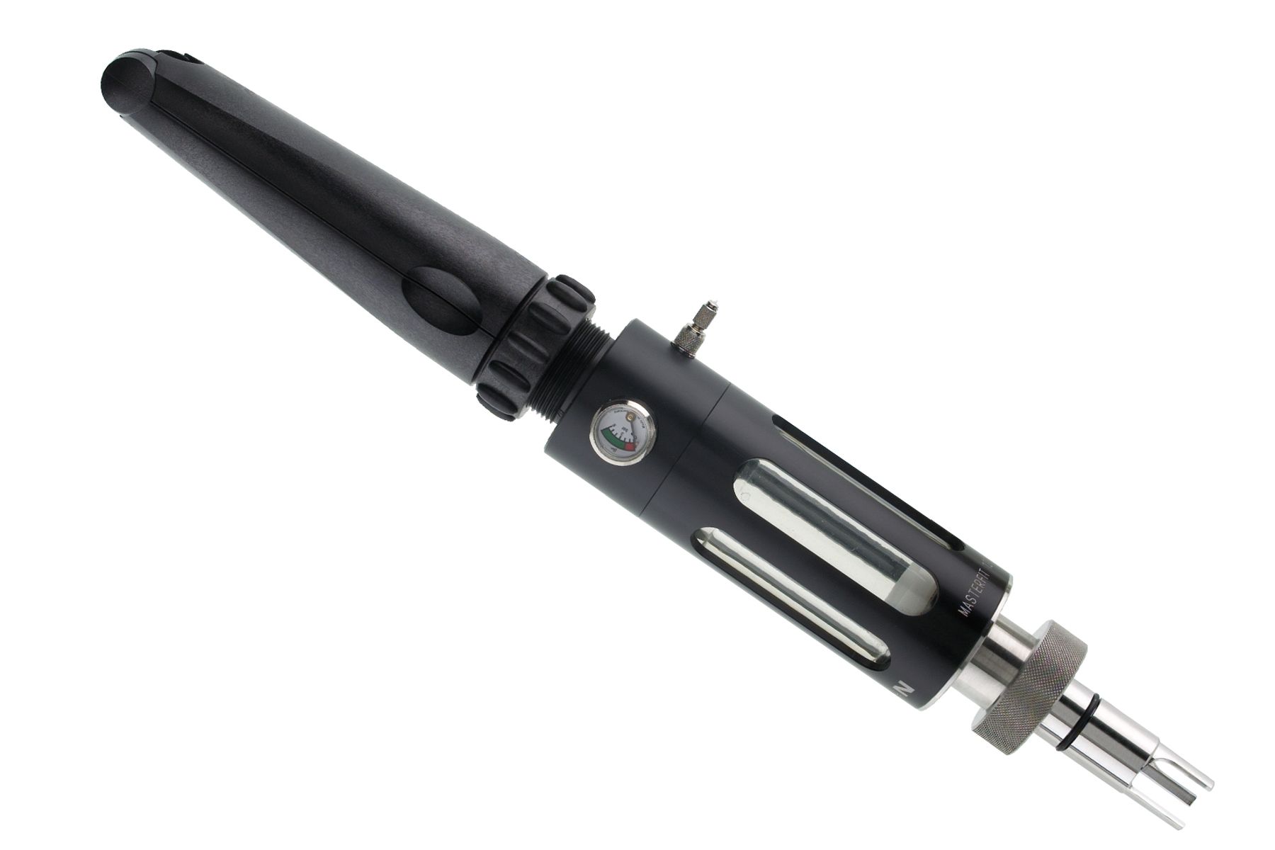 Black anodized syringe assembly with pressure gauge, fill slots, and stainless steel tip adapter