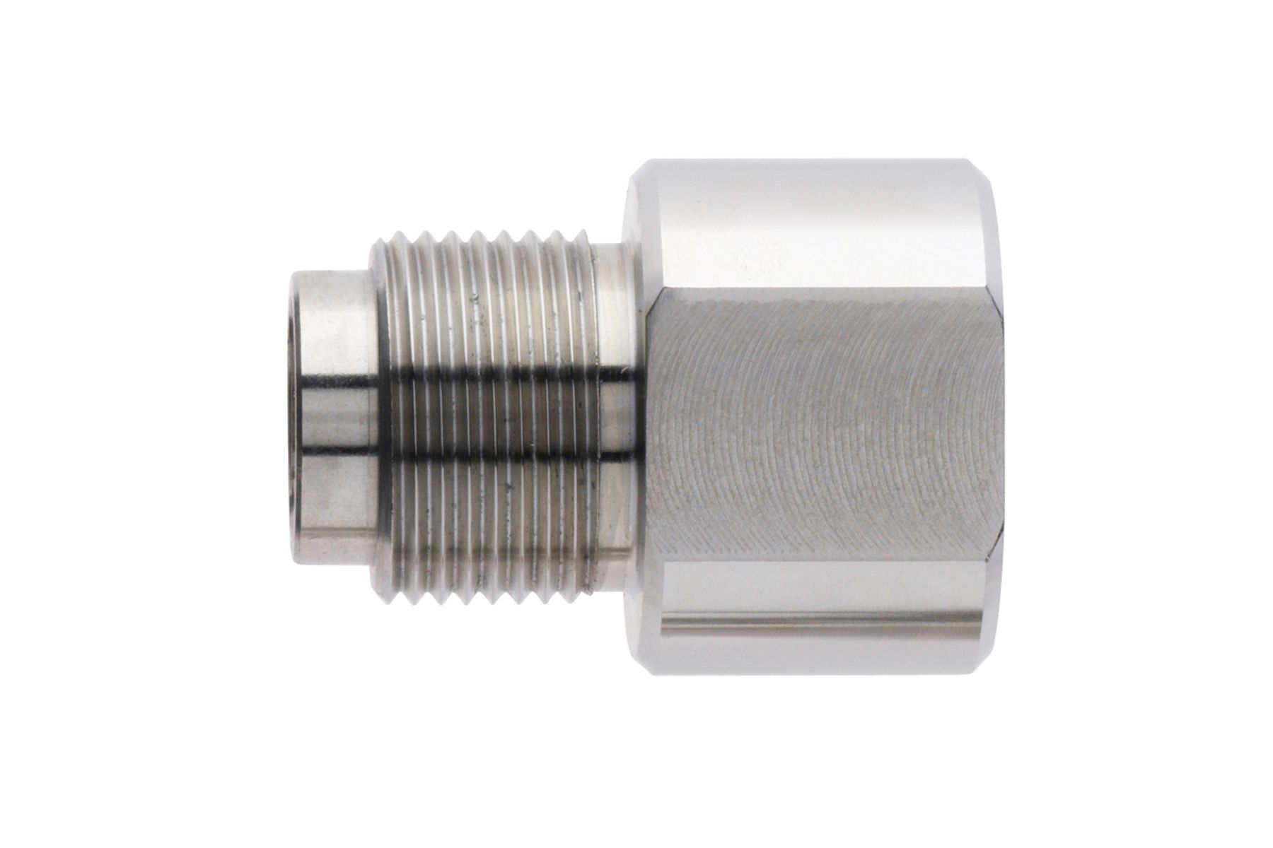 Stainless steel hygienic socket adapter with male threaded end and hexagonal body