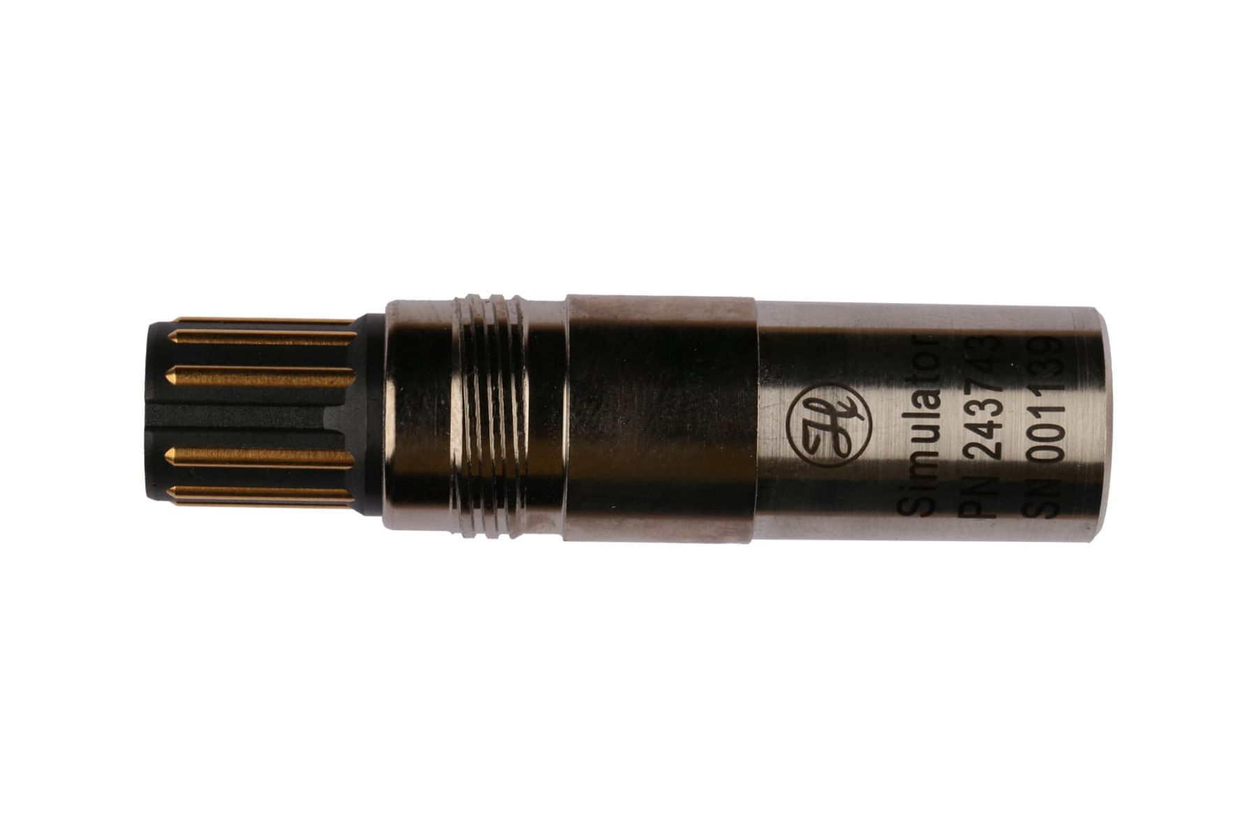 Hamilton permittivity simulator, cylindrical metal body with multi-pin connector, labeled "Simulator," PN 243743