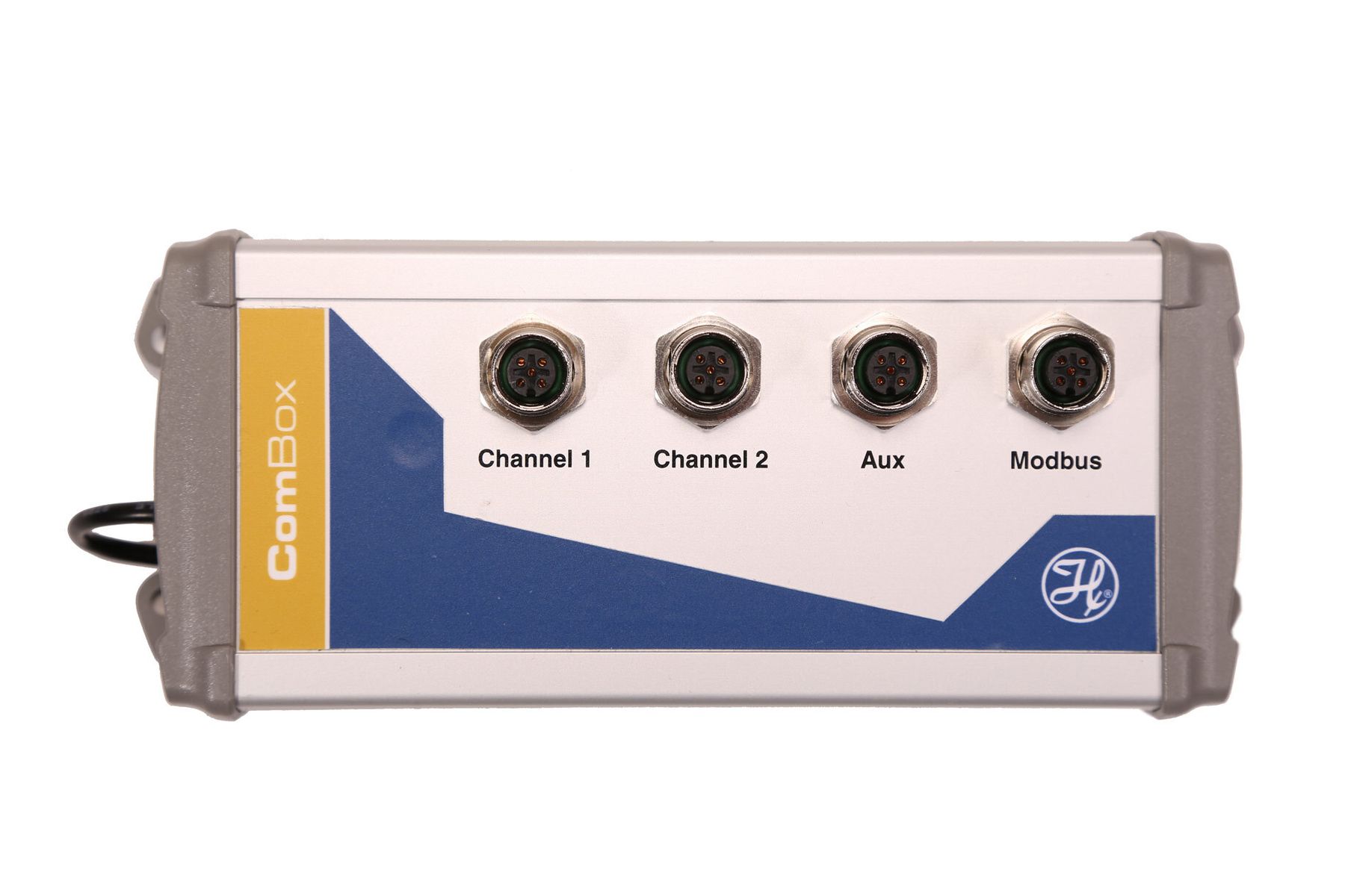 Hamilton ComBox device with four circular connectors labeled Channel 1, Channel 2, Aux, and Modbus