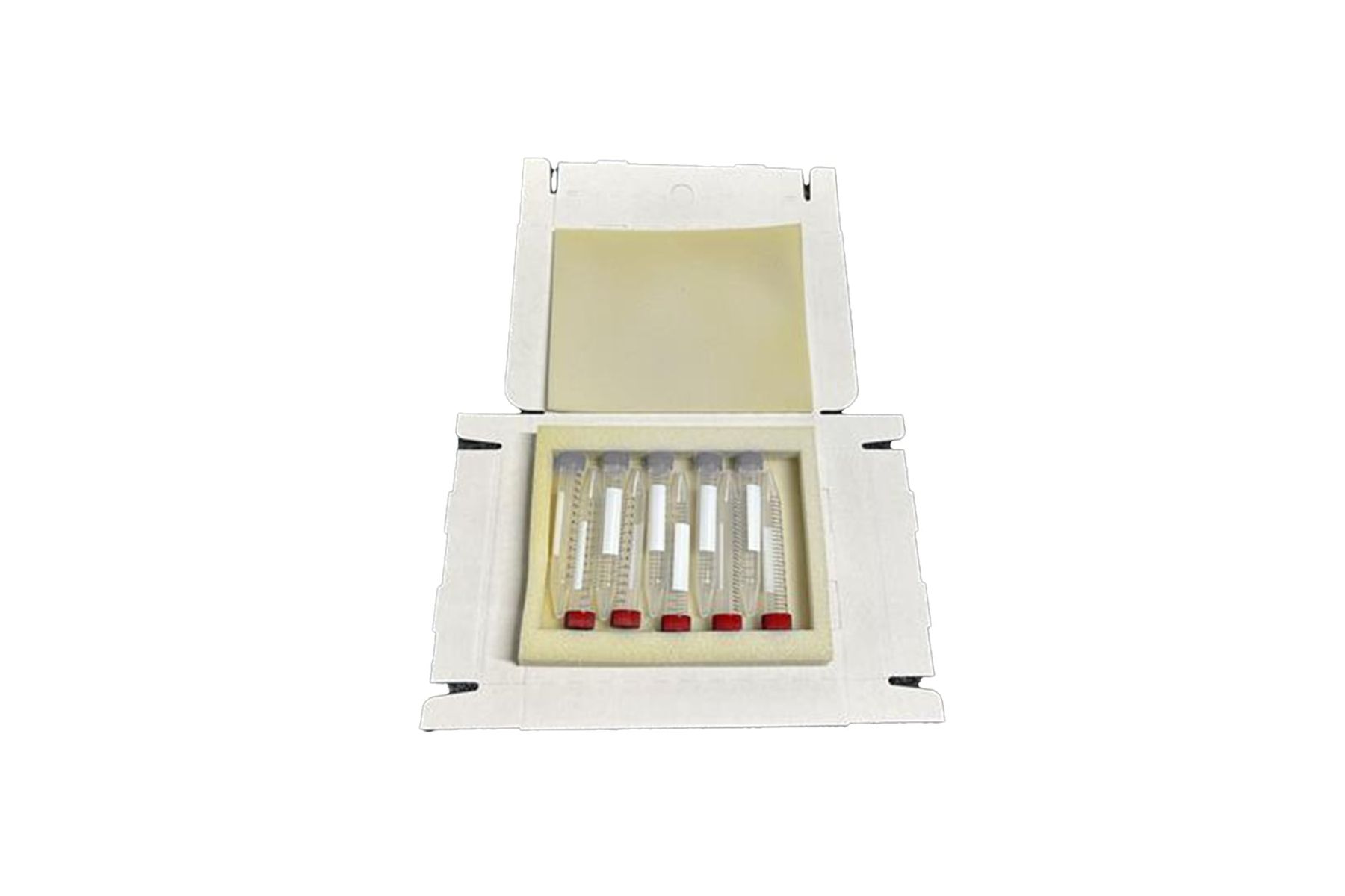 Open cardboard box with foam insert holding five small graduated vials with red caps and white labels