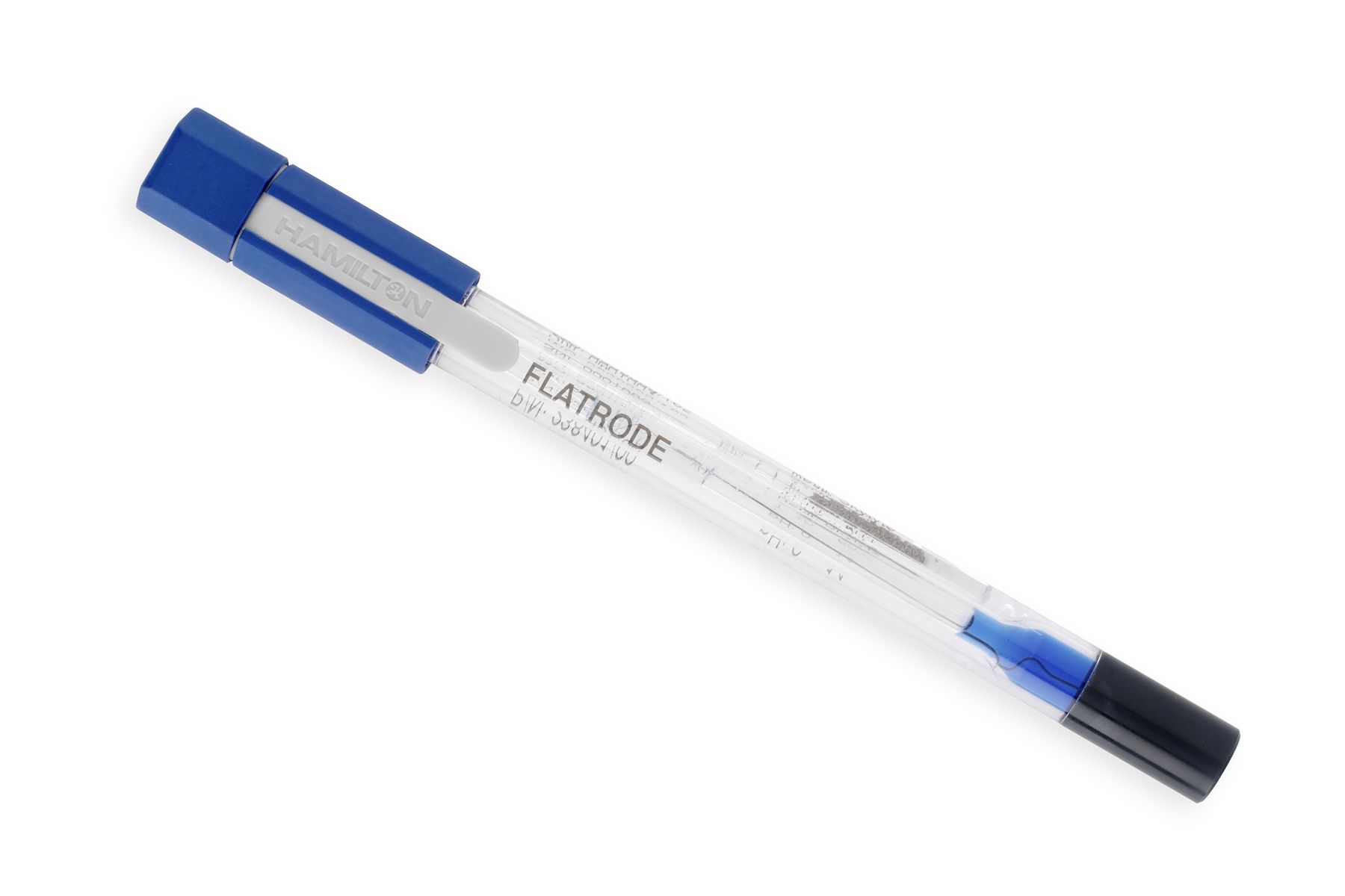 Hamilton Flatrode pH electrode with blue cap and black tip on transparent background