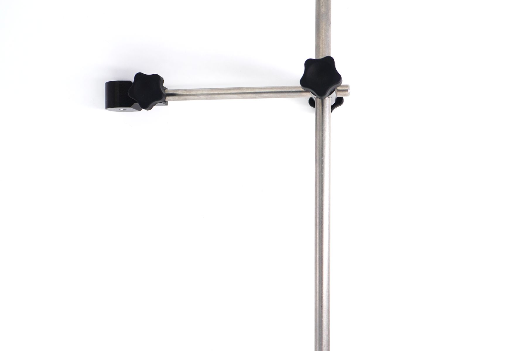 Stainless steel probe holder arm with two black star-knob clamps mounted on a vertical rod