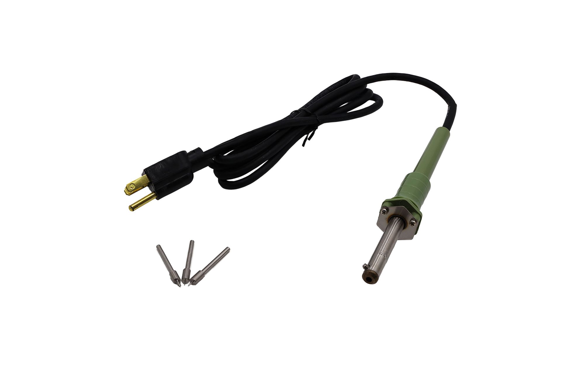 Electric flanging tool with green handle, power cord, and three interchangeable metal tips