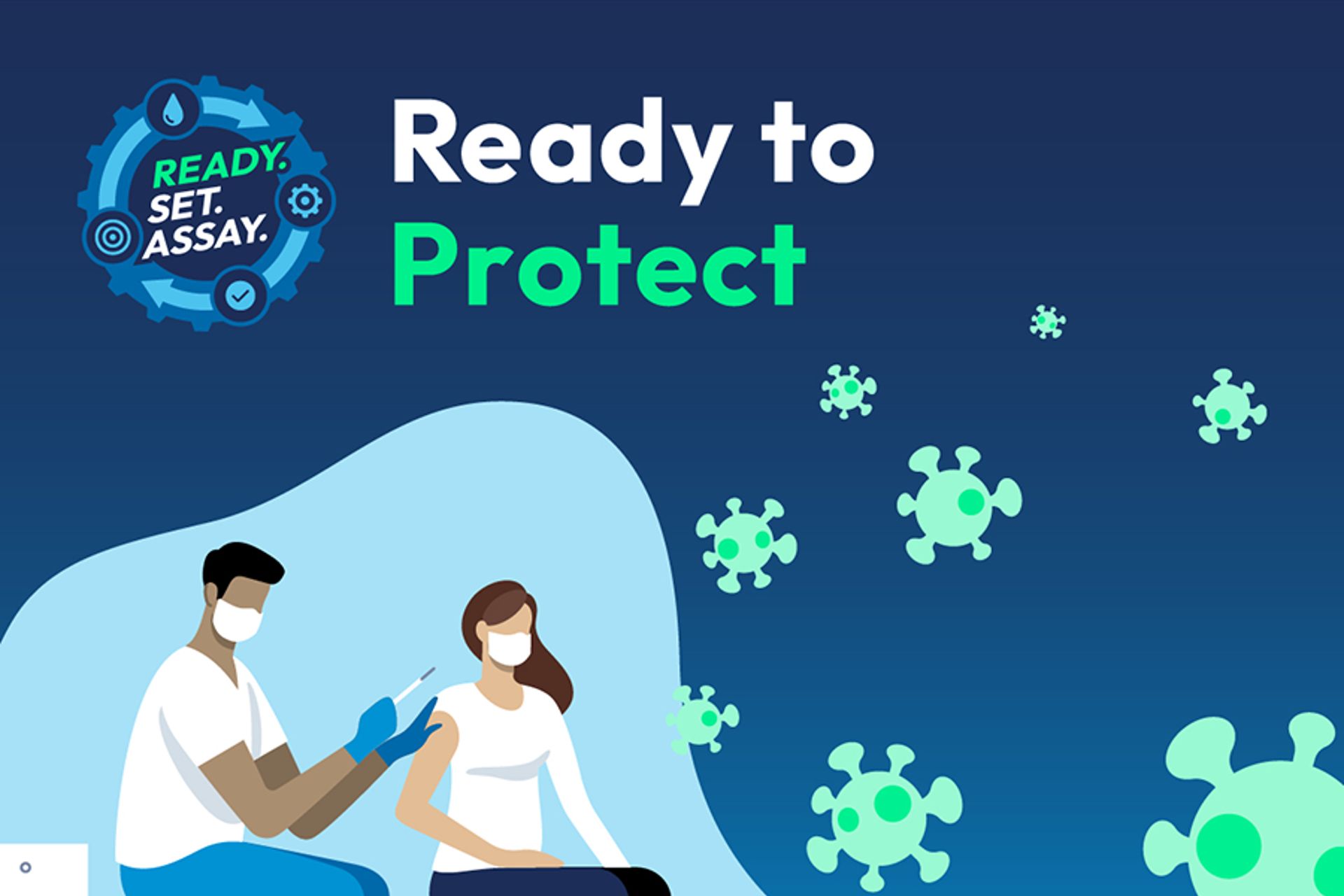 Hamilton "Ready to Protect" graphic showing a masked clinician giving a vaccine injection, with virus icons and a "Ready. Set. Assay." badge.
