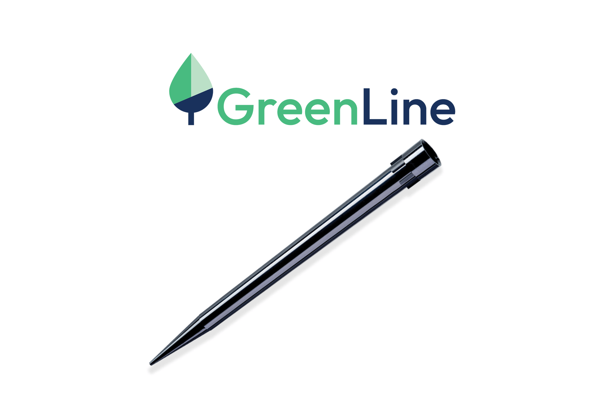GreenLine logo above a dark blue elongated pipette tip on a white background