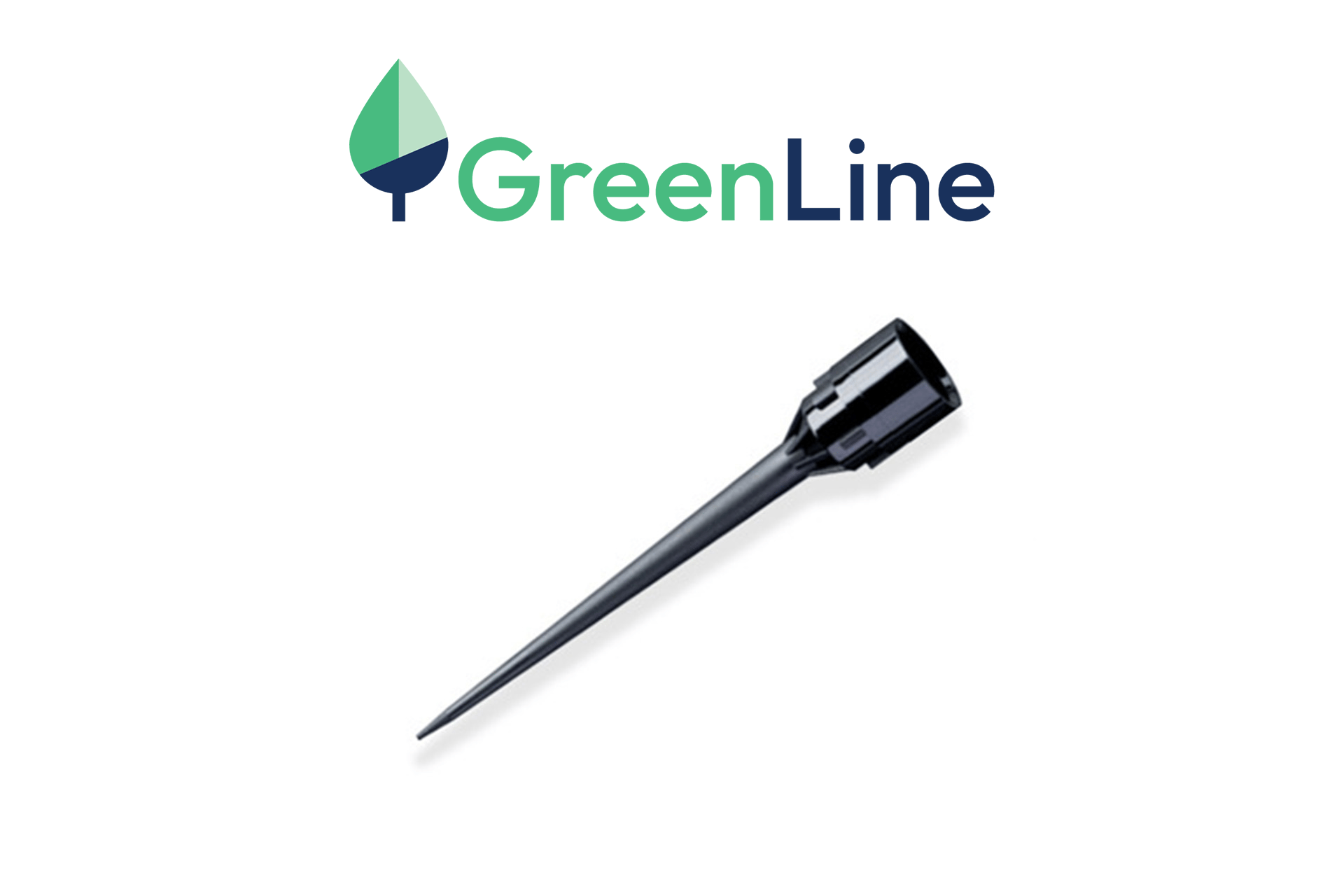 GreenLine logo above a black CO-RE pipette tip with a long tapered shaft