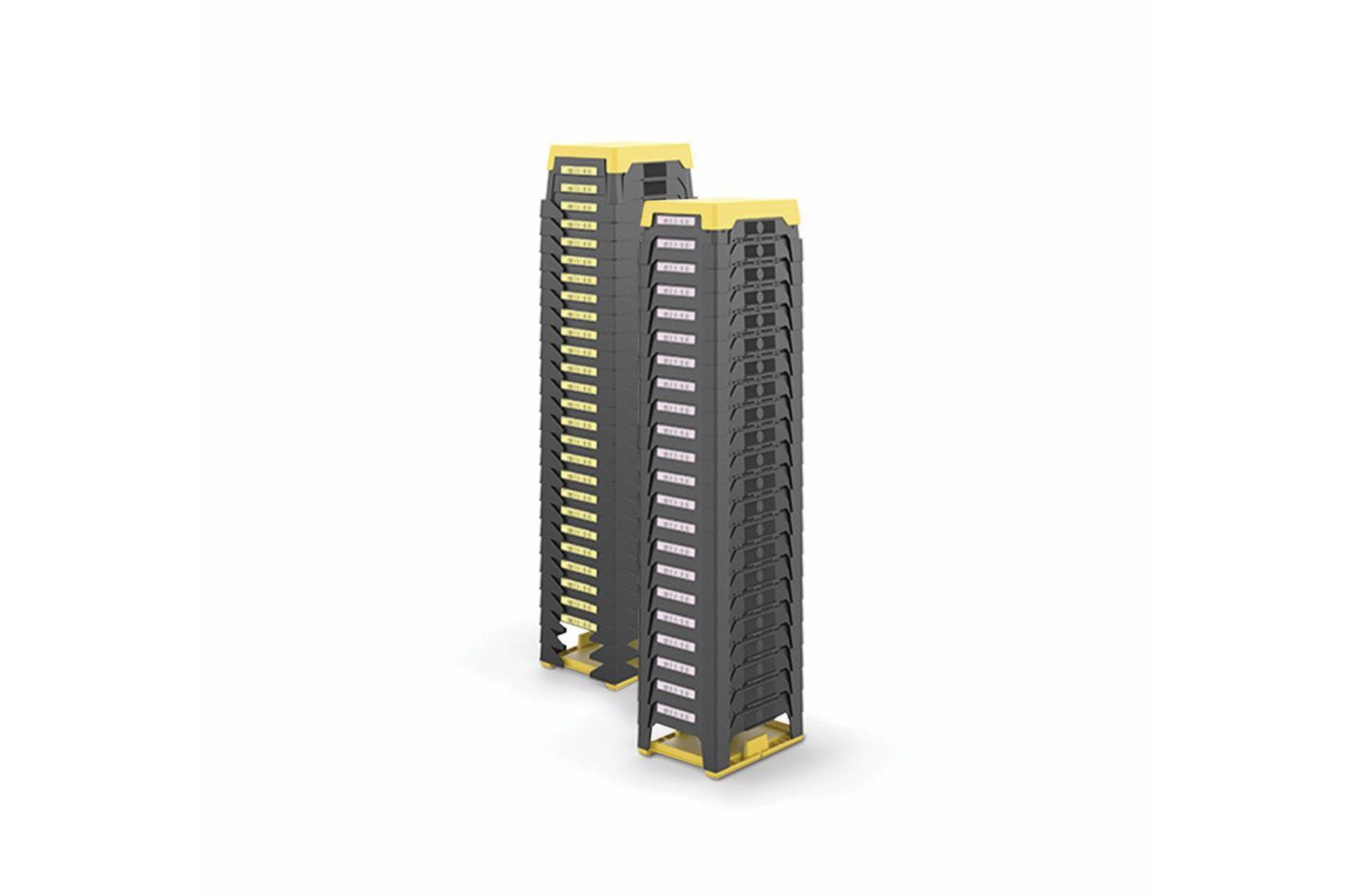 Two tall stacked laboratory sample storage entry/exit towers in dark gray and yellow