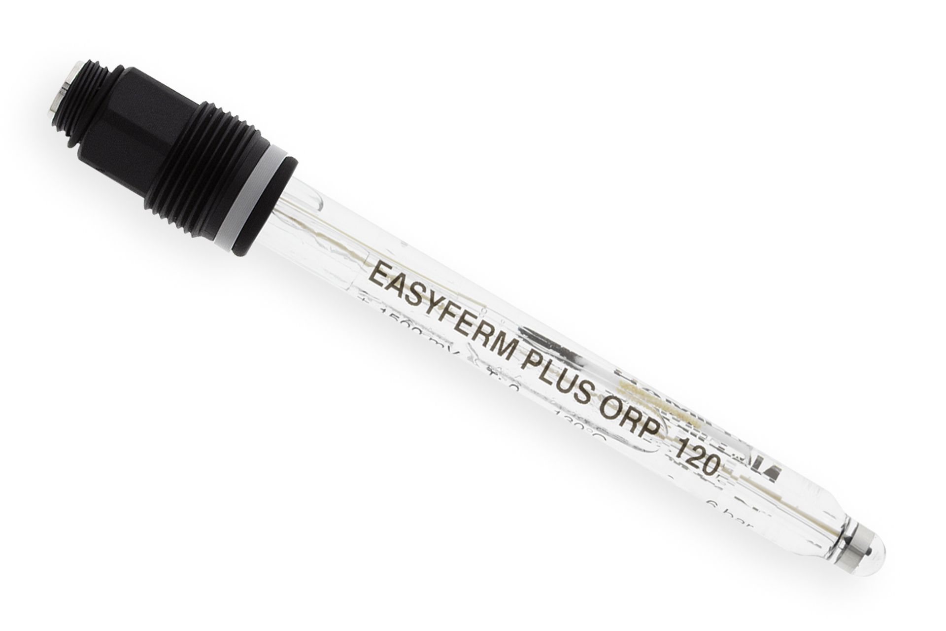 EasyFerm Plus ORP 120 electrode with clear glass body and black threaded head