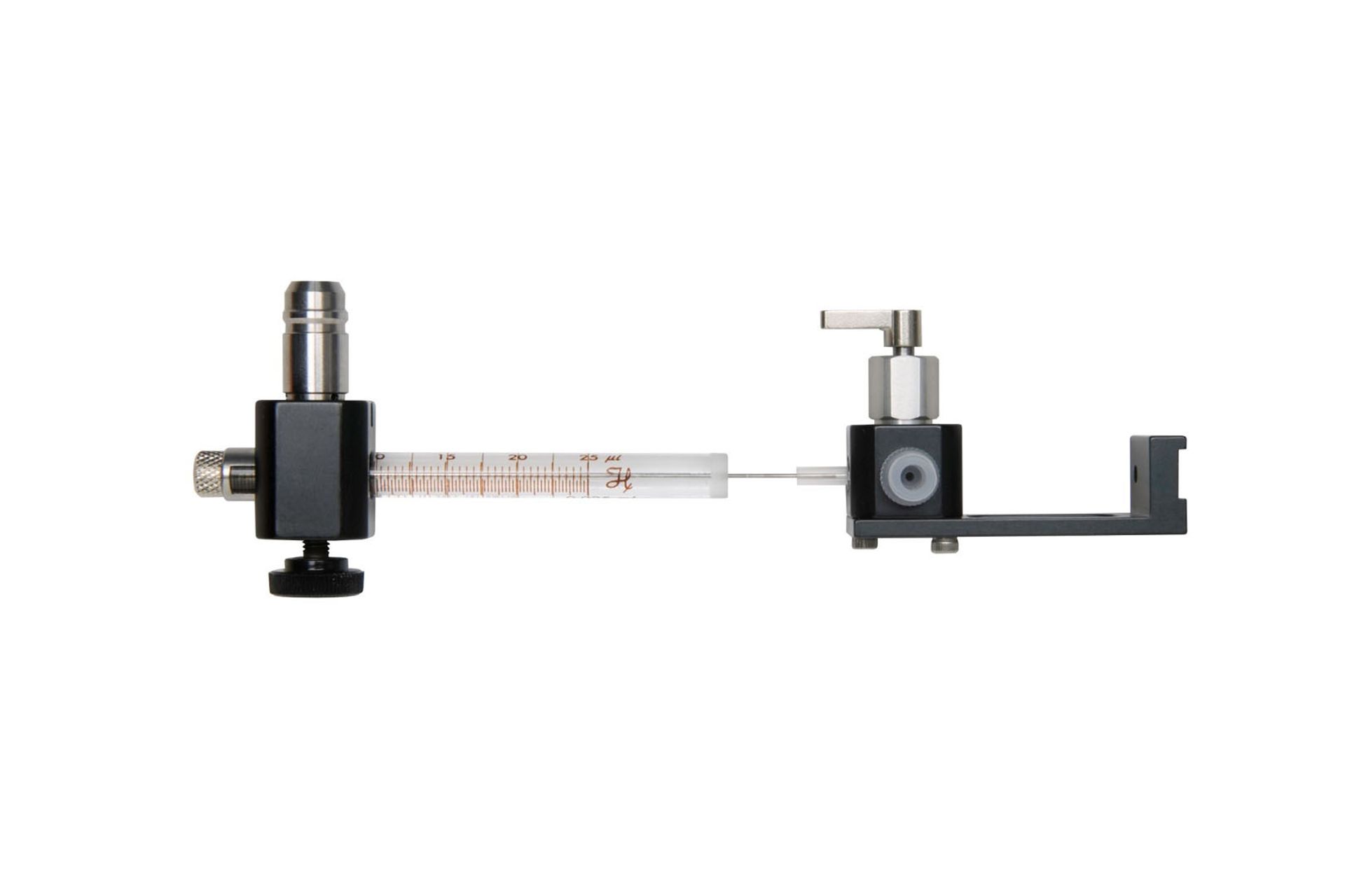 Hamilton syringe adapter assembly with graduated glass syringe, plunger drive block, and needle port valve on white background