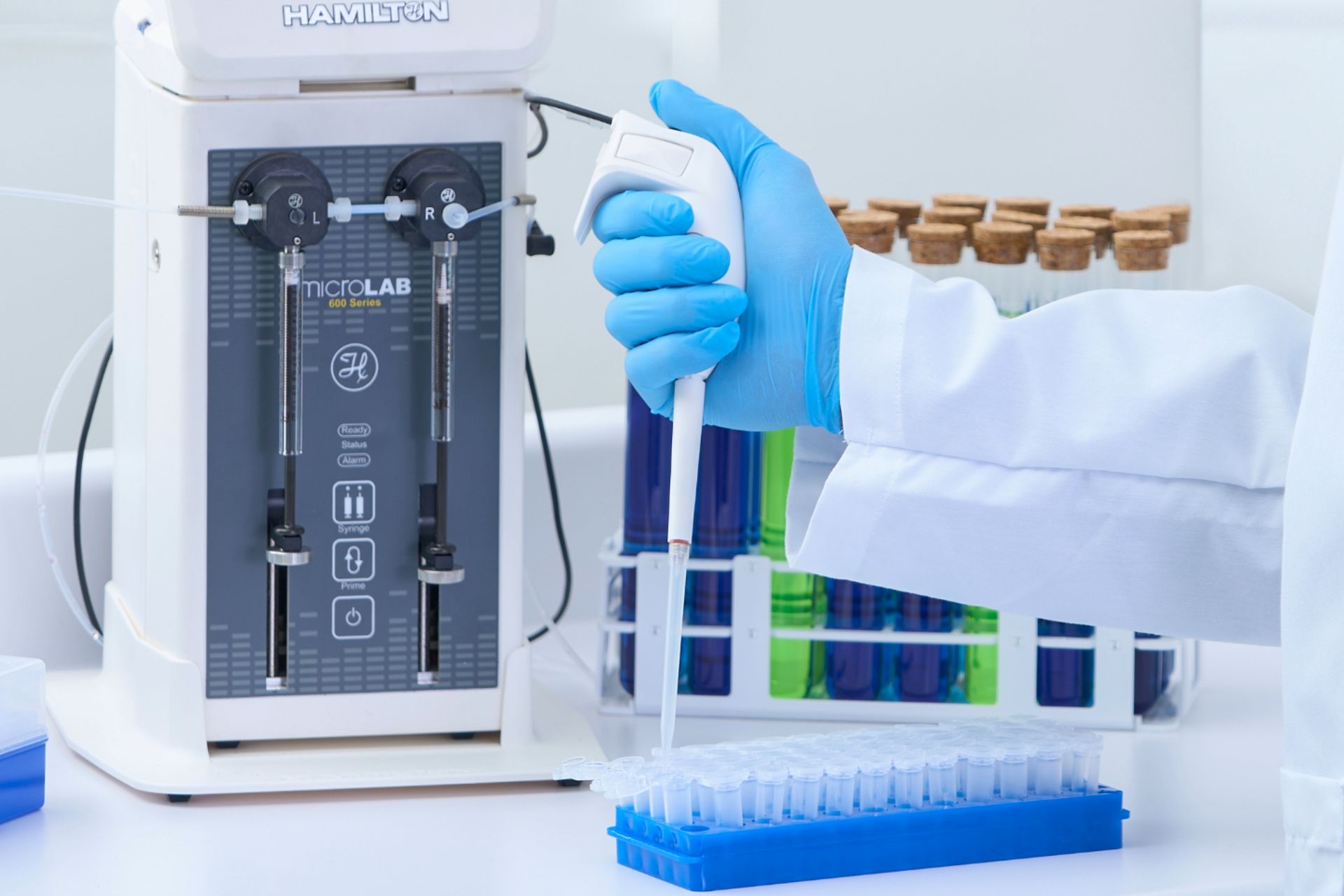 Gloved hand using an electronic pipette over a microplate, beside a Hamilton MicroLab 600 Series diluter