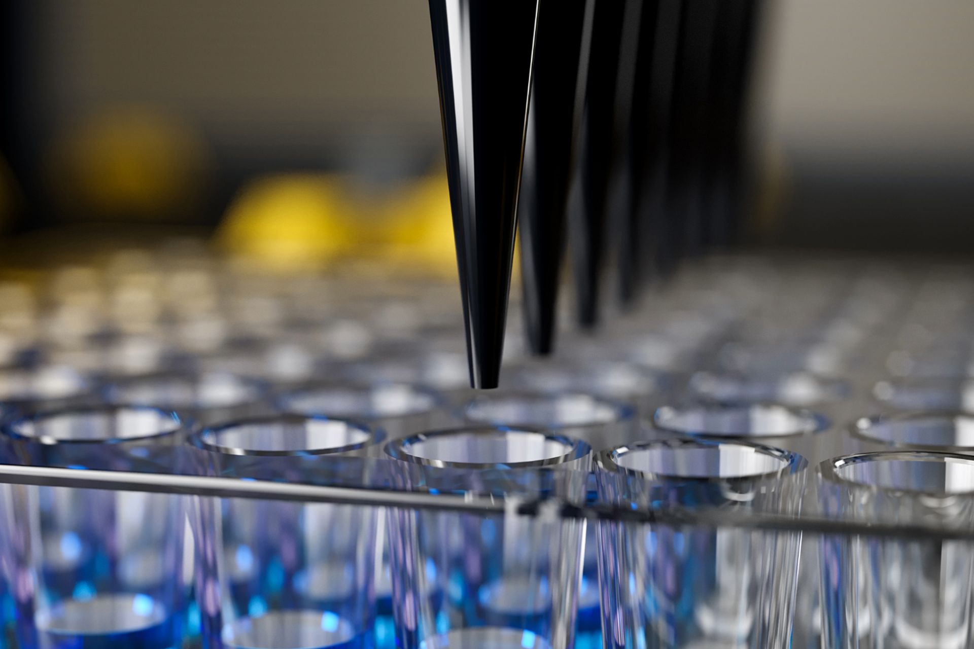 Multi-channel pipette tips dispensing blue liquid into a clear well plate