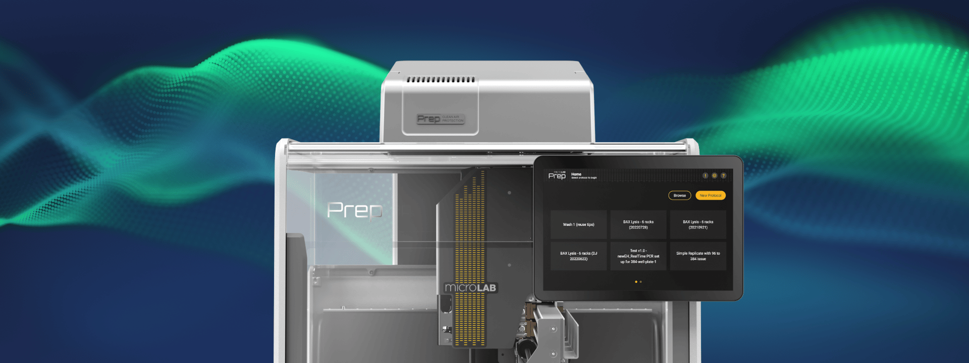 MicroLab Prep automated liquid handling workstation with touchscreen interface showing protocol menu