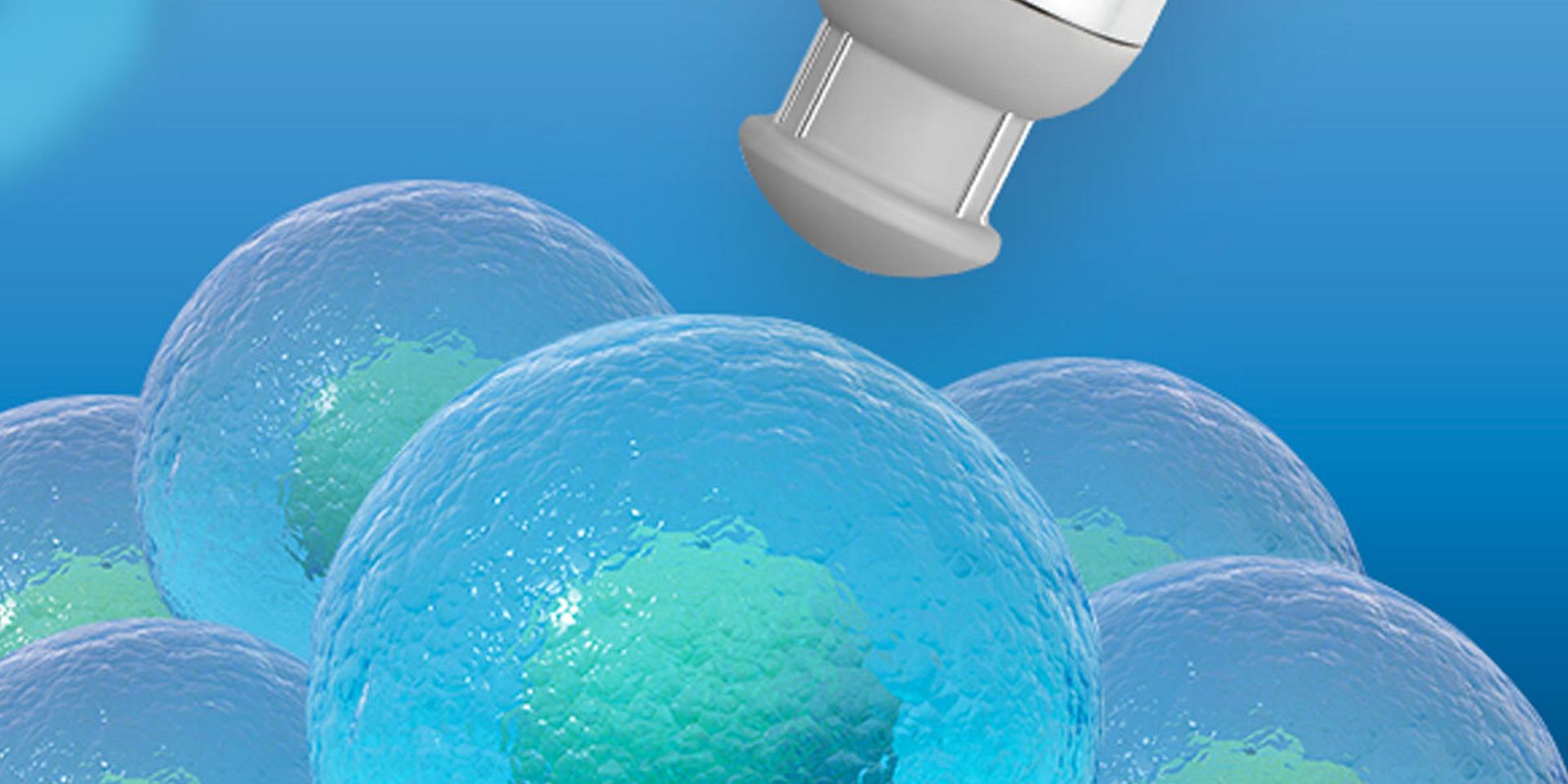Close-up illustration of a cell density sensor probe approaching a cluster of translucent blue-green biological cells