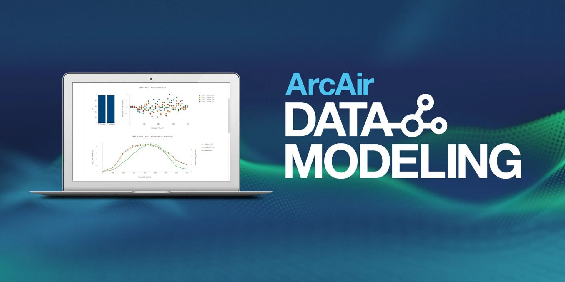 Laptop displaying bioprocess VCD data charts beside "ArcAir Data Modeling" text on a blue background.